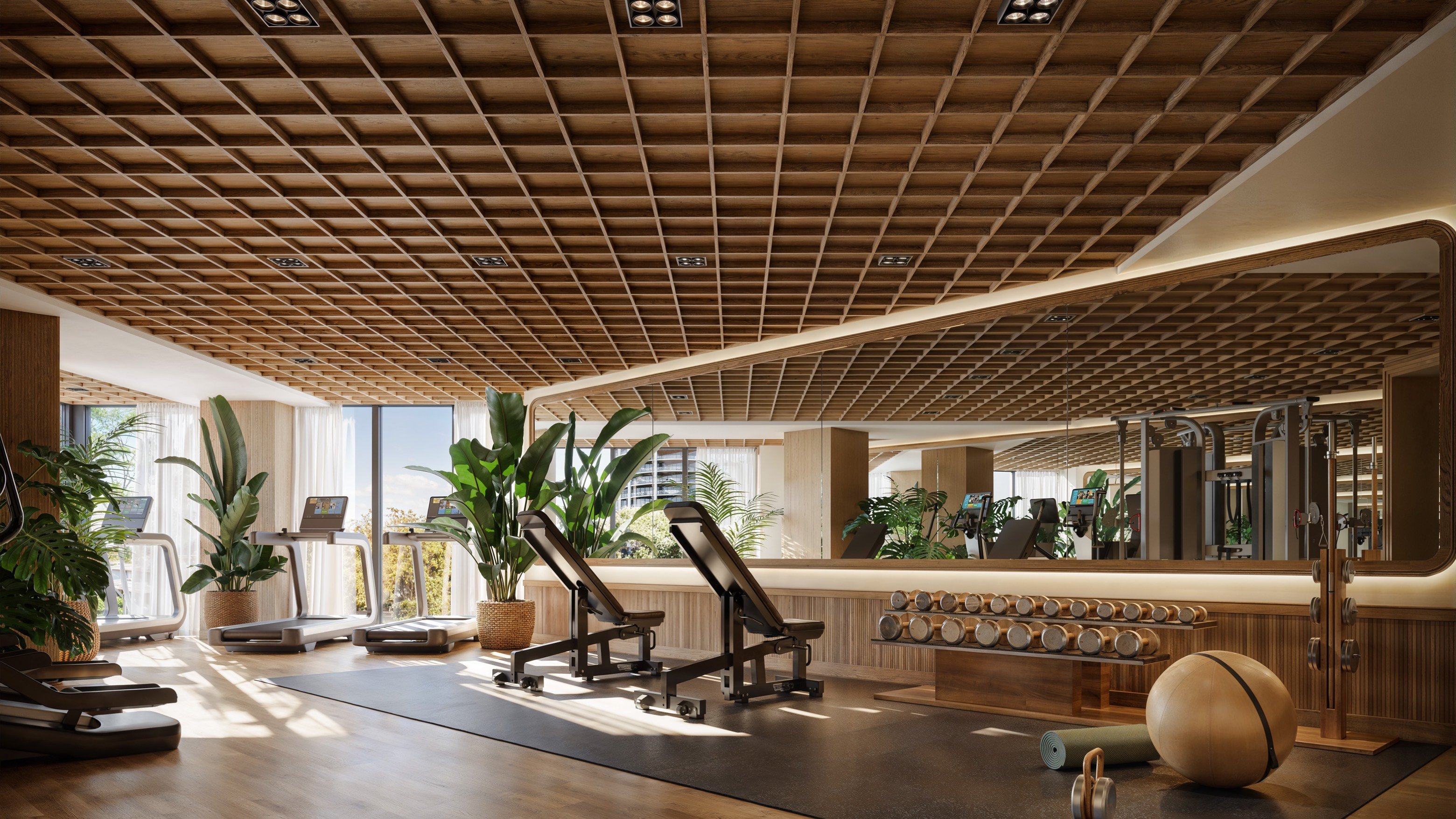 THE WELL Coconut Grove, Miami modern gym with warm wood design, fitness amenity for luxury and ultra luxury condos; preconstruction. Featuring interior and wooden.