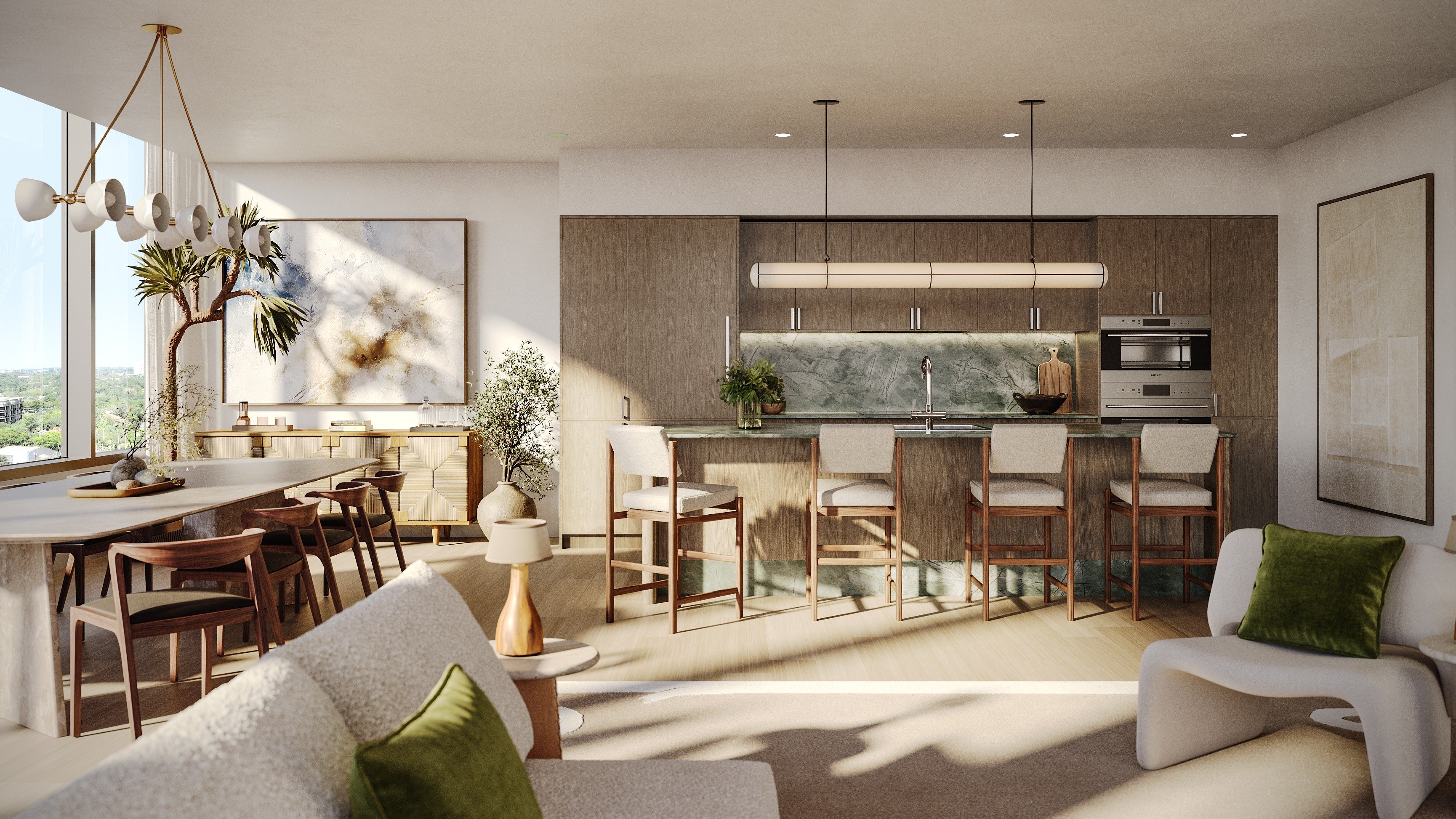 THE WELL Coconut Grove, Miami kitchen interior details, stone, wood and integrated appliances in luxury and ultra luxury condos; preconstruction. Featuring modern.
