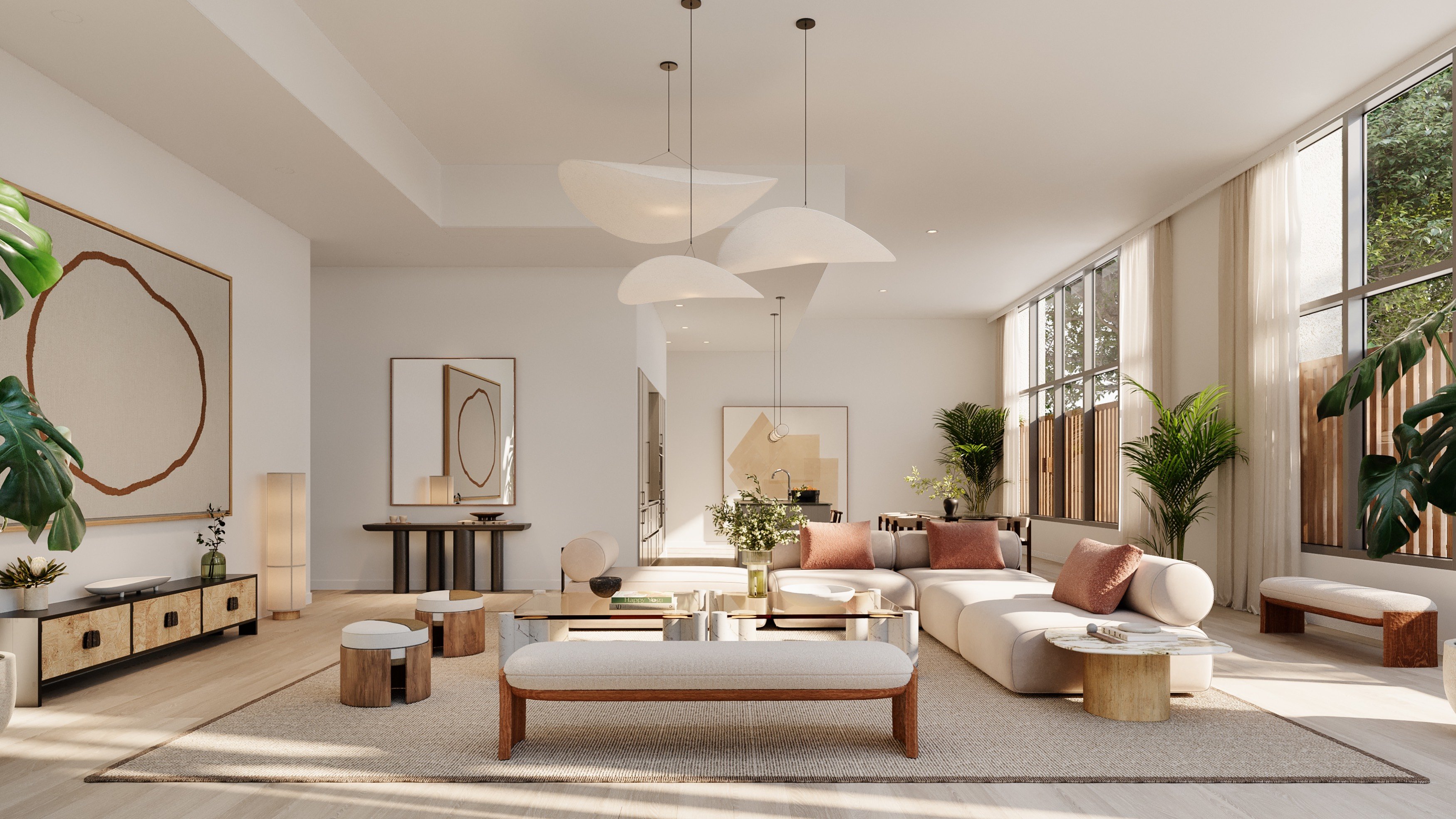 THE WELL Coconut Grove, Miami modern living room interior, open plan and curated textures in luxury and ultra luxury condos; preconstruction. Featuring design.