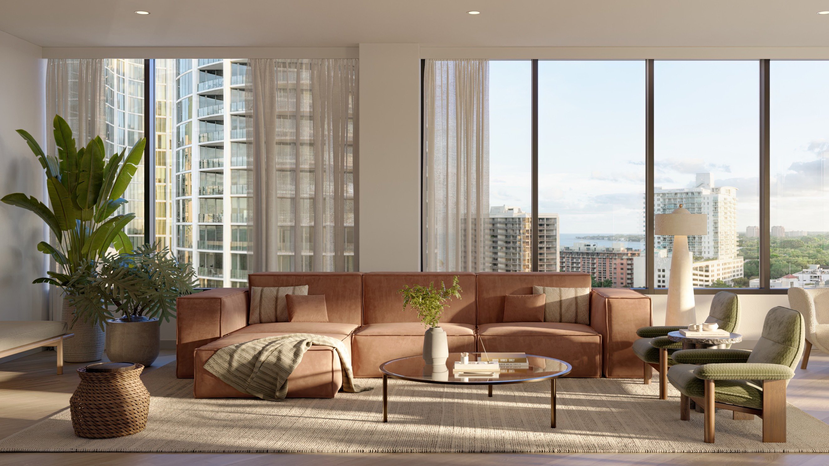 THE WELL Coconut Grove, Miami living room with city view, floor‑to‑ceiling glass in luxury and ultra luxury condos; preconstruction. Featuring modern interior.