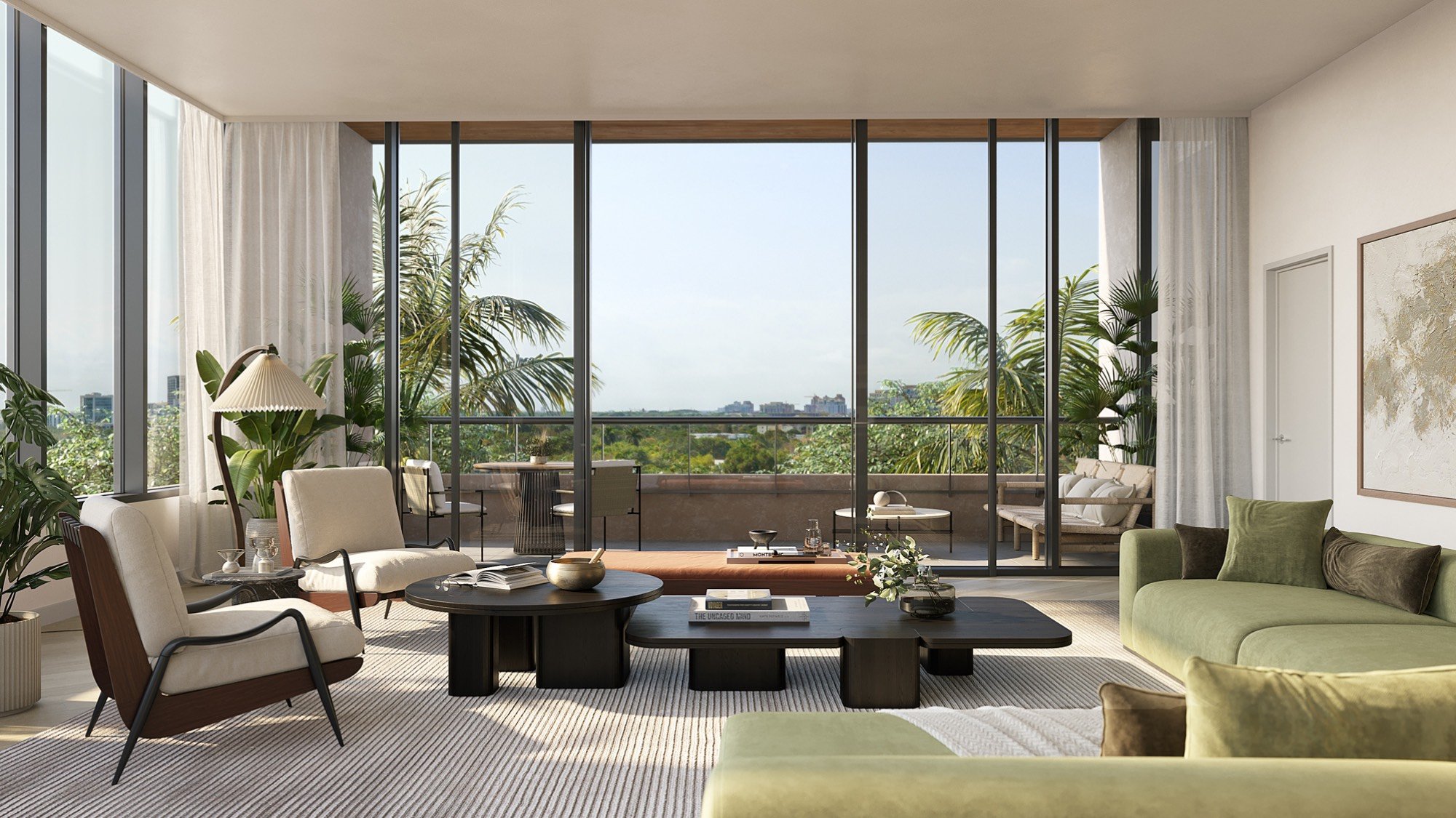 THE WELL Coconut Grove, Miami modern living room with bay view, serene horizon for luxury and ultra luxury condos; preconstruction.
