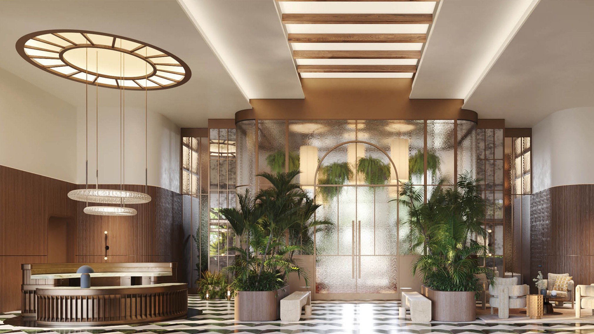 THE WELL Coconut Grove, Miami lobby interior design, warm woods, greenery and art for luxury and ultra luxury condos; preconstruction. Featuring modern.