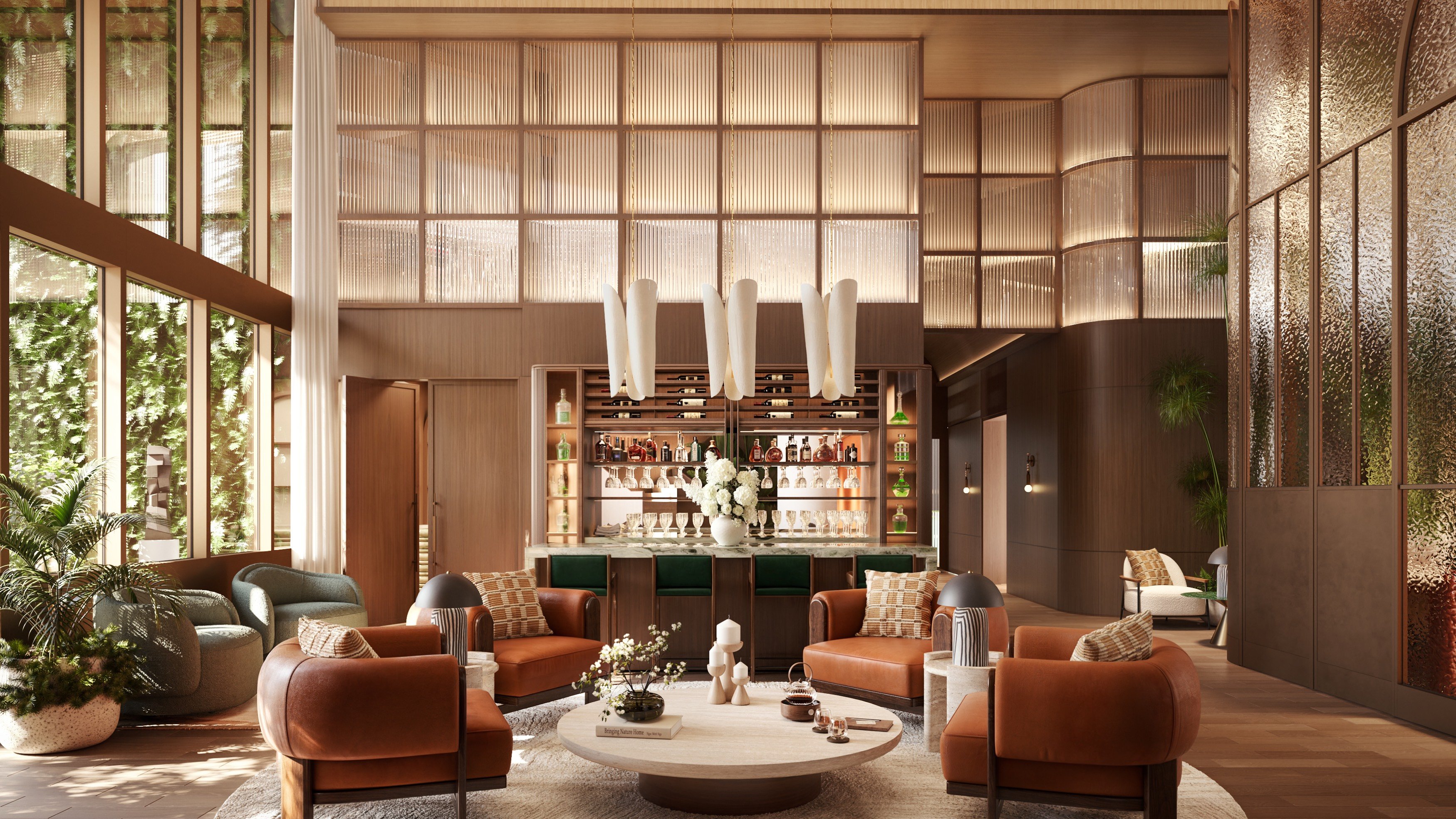 THE WELL Coconut Grove, Miami modern lounge interior, quiet social space for luxury and ultra luxury condos; preconstruction. Featuring design.