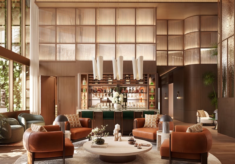THE WELL Coconut Grove, Miami modern lounge interior, quiet social space for luxury and ultra luxury condos; preconstruction. Featuring design.
