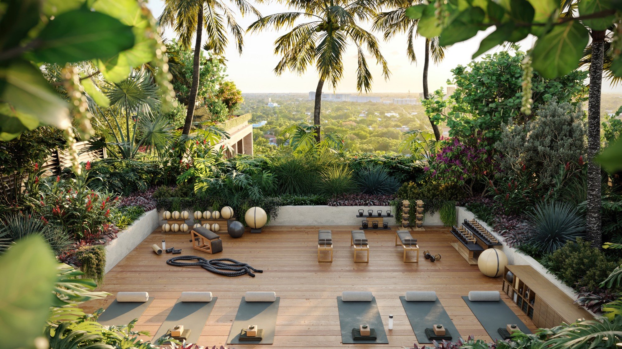 THE WELL Coconut Grove, Miami outdoor fitness and yoga deck, wellness lifestyle for luxury and ultra luxury condos; preconstruction. Featuring area.