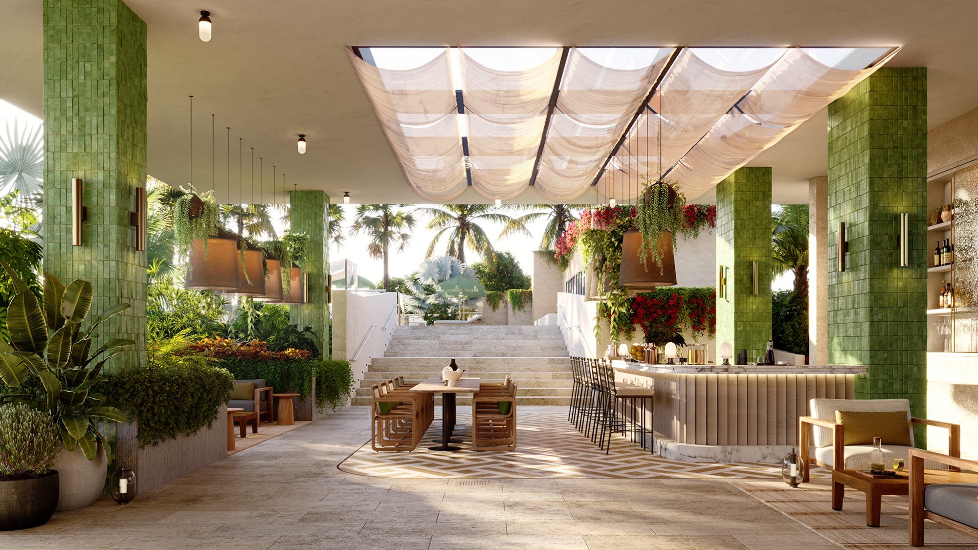 THE WELL Coconut Grove, Miami tropical modern restaurant interior, chef‑driven dining for luxury and ultra luxury condos; preconstruction.