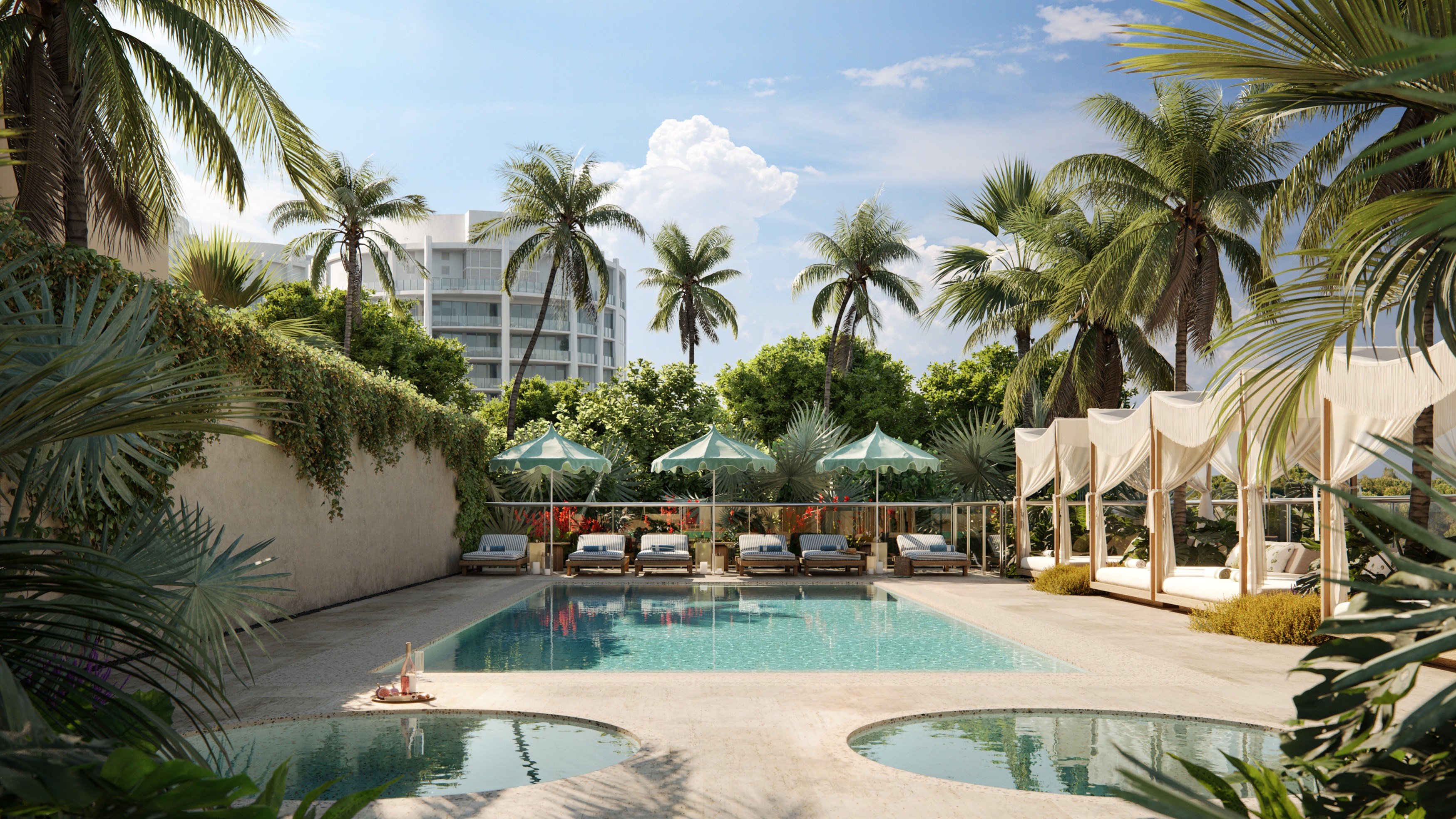 THE WELL Coconut Grove, Miami tropical poolside retreat with palms and cabanas, resort amenity for luxury and ultra luxury condos; preconstruction.