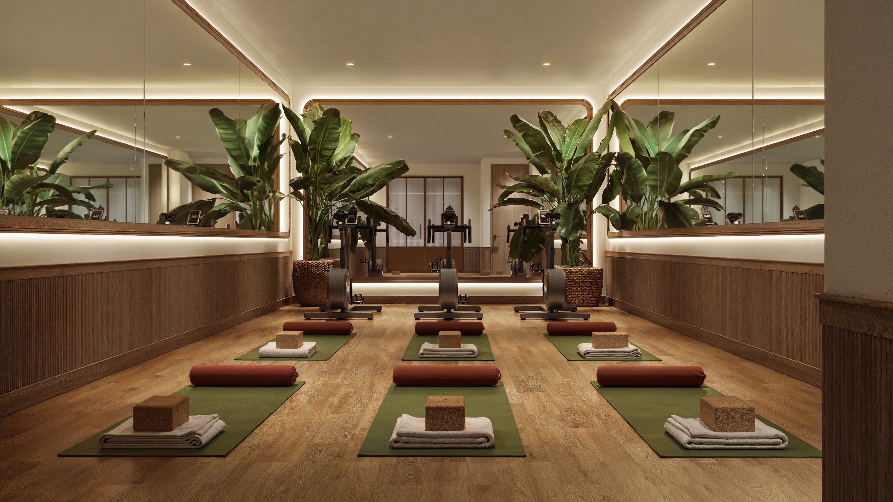 THE WELL Coconut Grove, Miami zen yoga studio interior with soft lighting, wellness amenity for luxury and ultra luxury condos; preconstruction. Featuring setup.