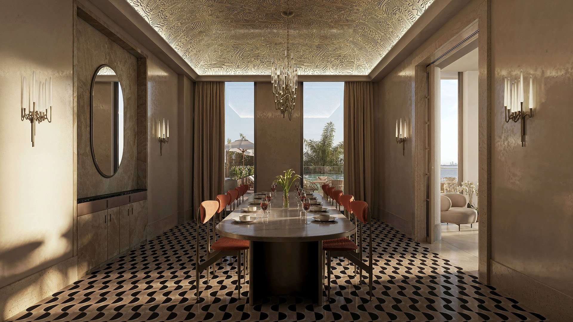 Formal dining room with a long table, chandelier, and patterned floor at Tula Residences in North Bay Village, emphasizing luxury and ultra luxury condos through club-style amenity design and formal entertaining space.