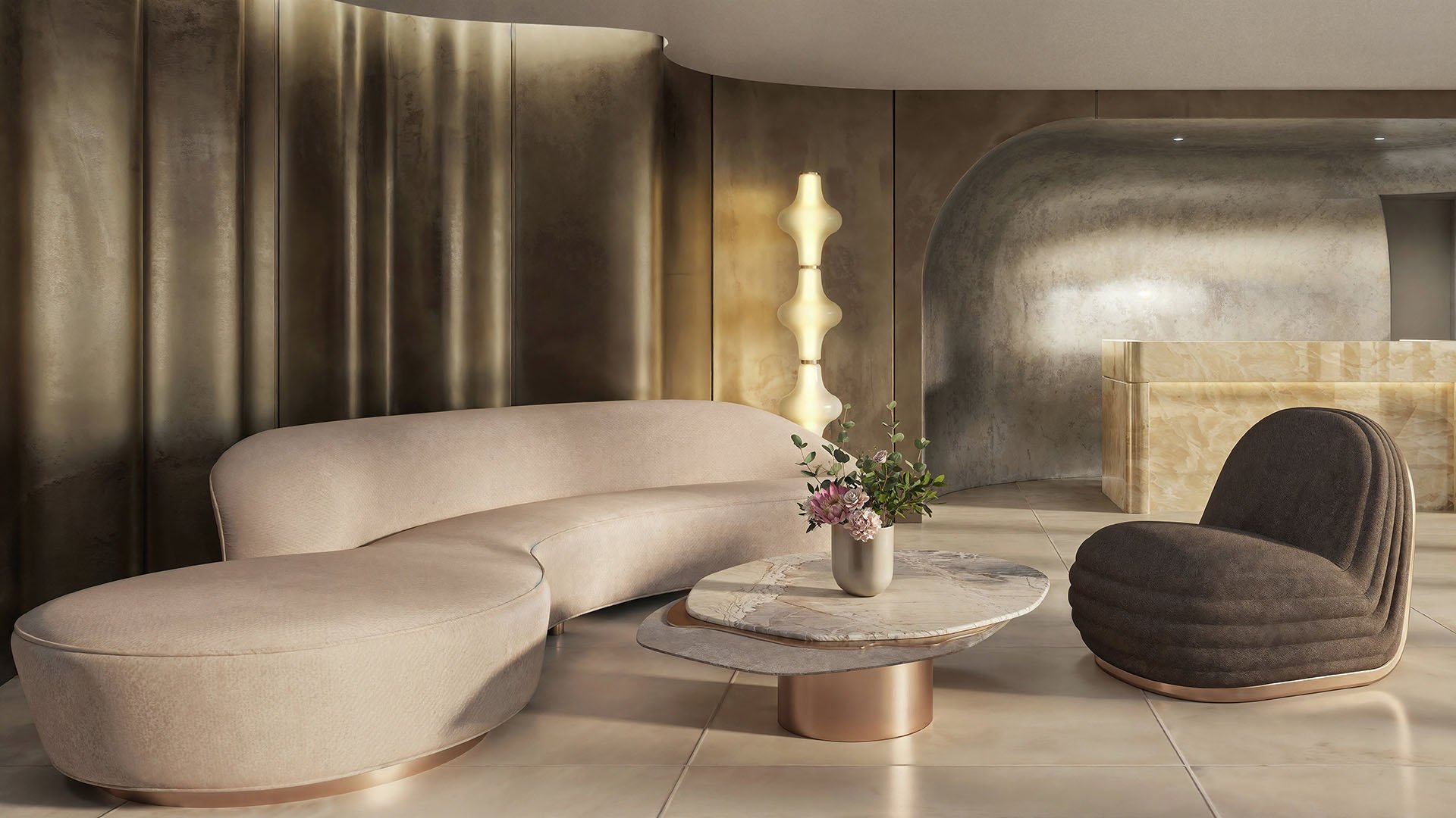 Sculptural lobby with a curved sofa, stone reception desk, and moody metallic finishes at Tula Residences in North Bay Village, introducing luxury and ultra luxury condos with a bold boutique arrival experience.