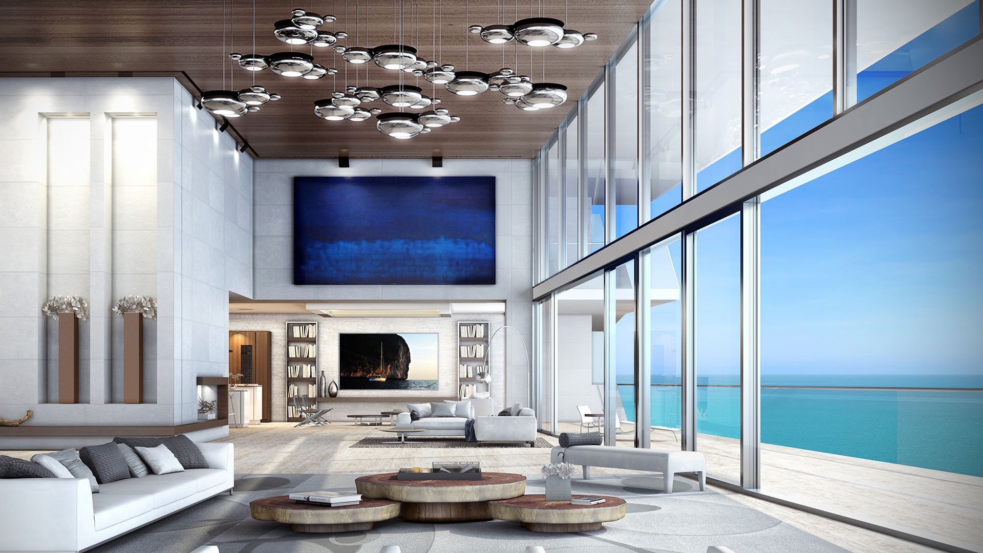 Turnberry Ocean Club in Sunny Isles Beach luxury and ultra luxury condos showcase a double-height living room with a vast ocean terrace, tall glazing, and layered lounge seating.