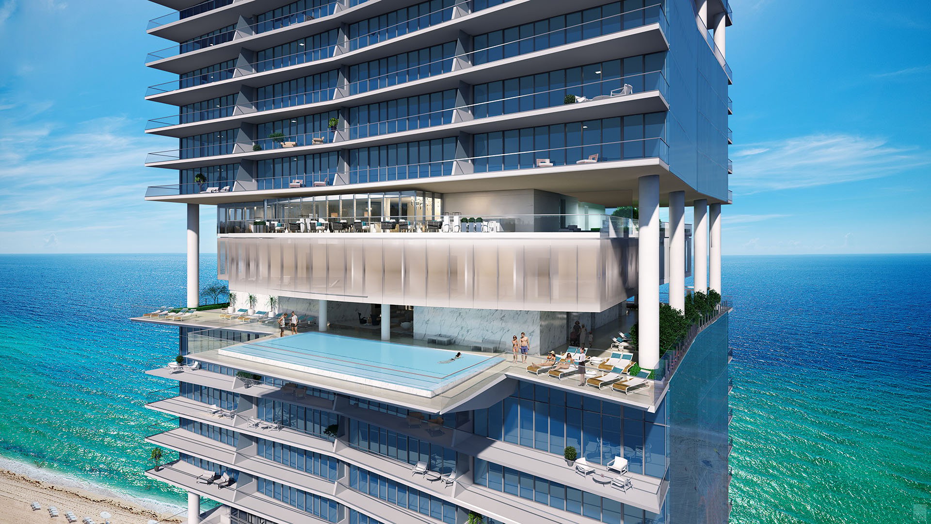 Turnberry Ocean Club in Sunny Isles Beach luxury and ultra luxury condos showcase an elevated pool deck exterior projecting from the tower above the ocean.