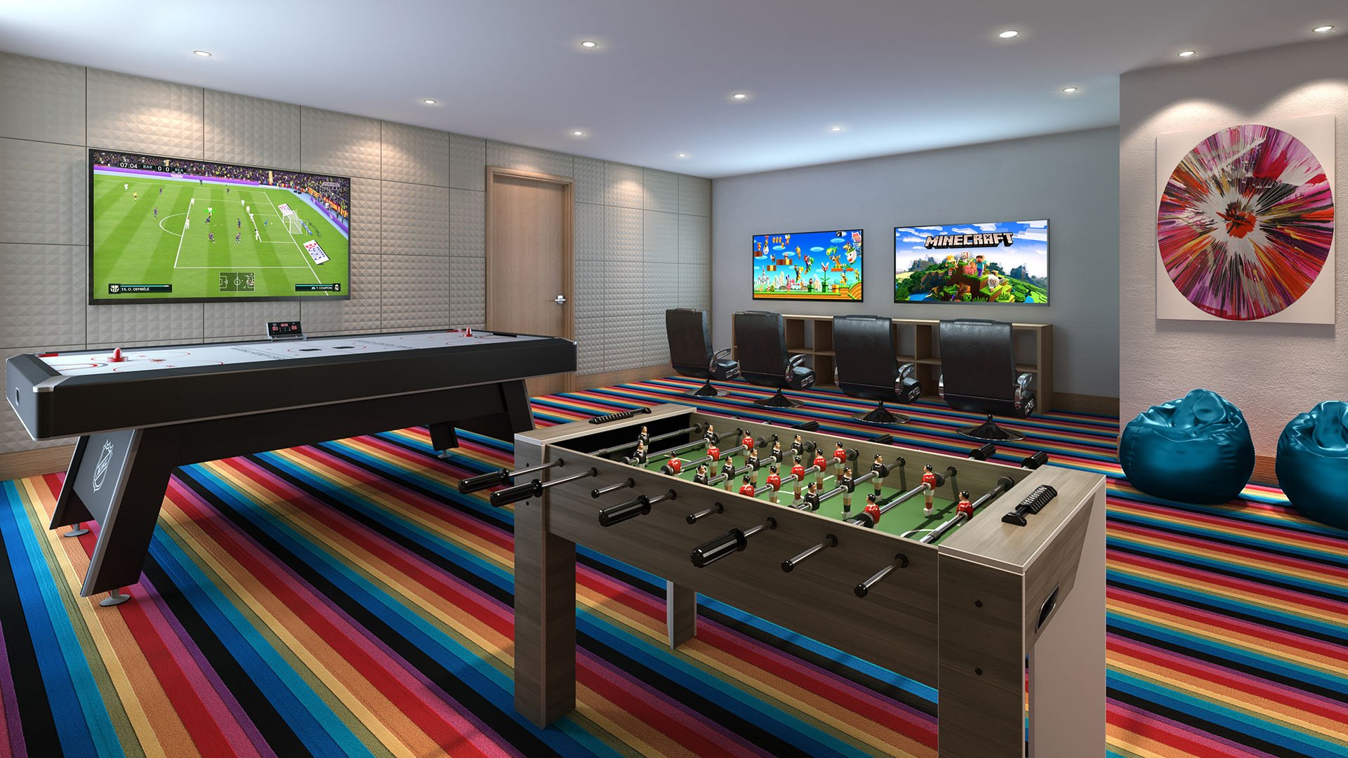 Turnberry Ocean Club in Sunny Isles Beach luxury and ultra luxury condos showcase a gaming room with foosball, air hockey, striped carpet, and wall-mounted screens.