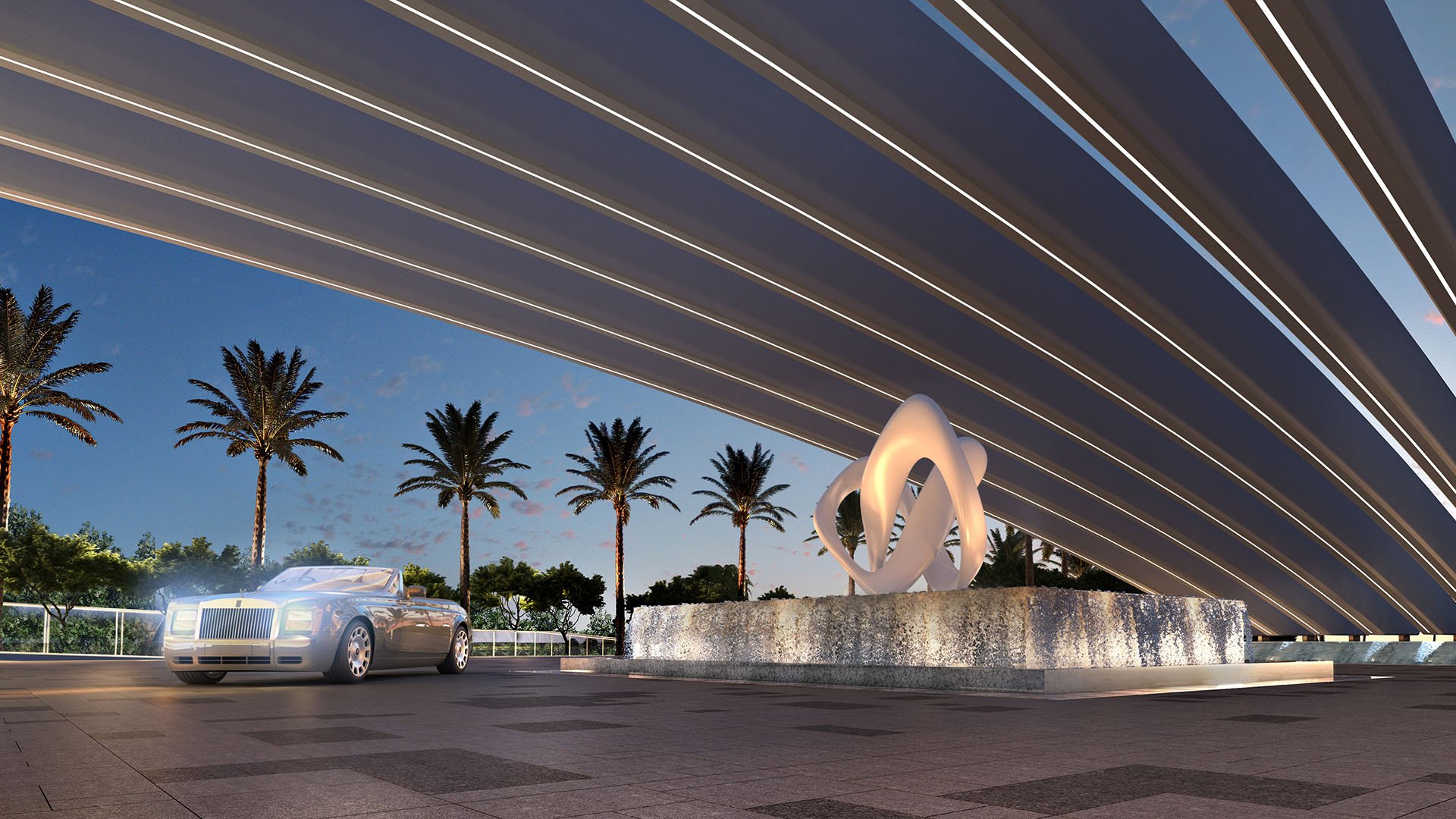 Turnberry Ocean Club in Sunny Isles Beach luxury and ultra luxury condos showcase a porte cochere with sweeping canopy lines, sculpture fountain, palms, and a luxury arrival drive.