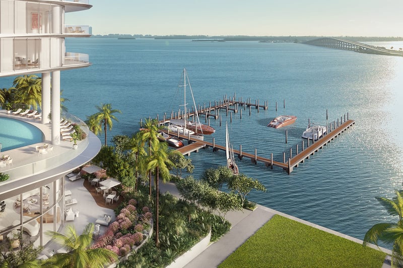 Una Residences Brickell, Miami private marina with boat slips, yacht docks and Biscayne Bay access beside the amenity deck, a hallmark of luxury and ultra luxury preconstruction condos for waterfront boating.