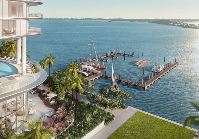 Una Residences Brickell, Miami private marina with boat slips, yacht docks and Biscayne Bay access beside the amenity deck, a hallmark of luxury and ultra luxury preconstruction condos for waterfront boating.