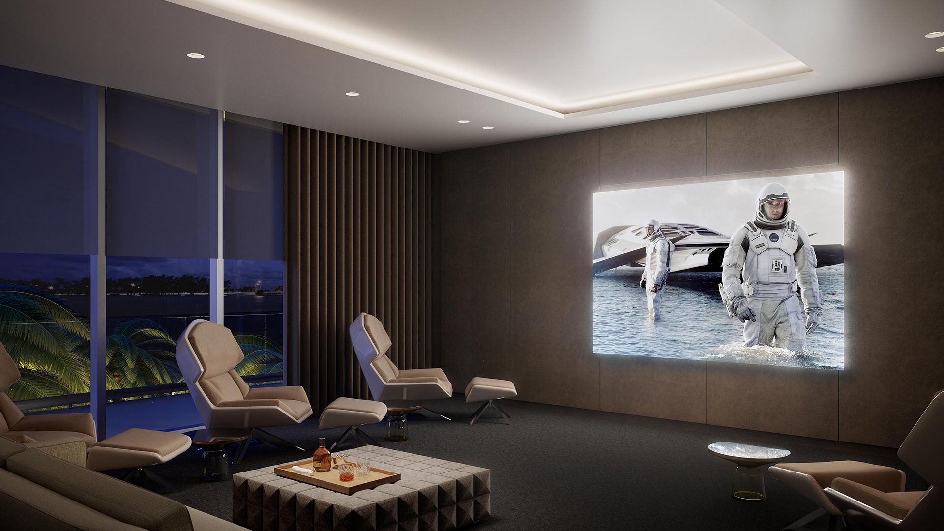 Una Residences Brickell, Miami private media room with reclining theater seating and large screening wall, offering luxury and ultra luxury preconstruction condos amenities for immersive movie nights and private entertainment.