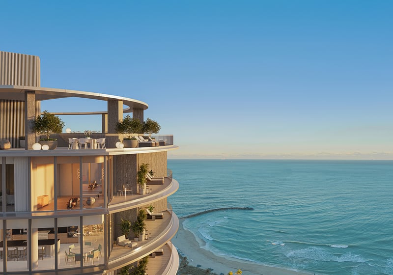 Upper Penthouse Rivage in Bal Harbour luxury and ultra luxury condos curved exterior with penthouse terraces, glass walls, outdoor seating, beachfront shoreline, and ocean view.