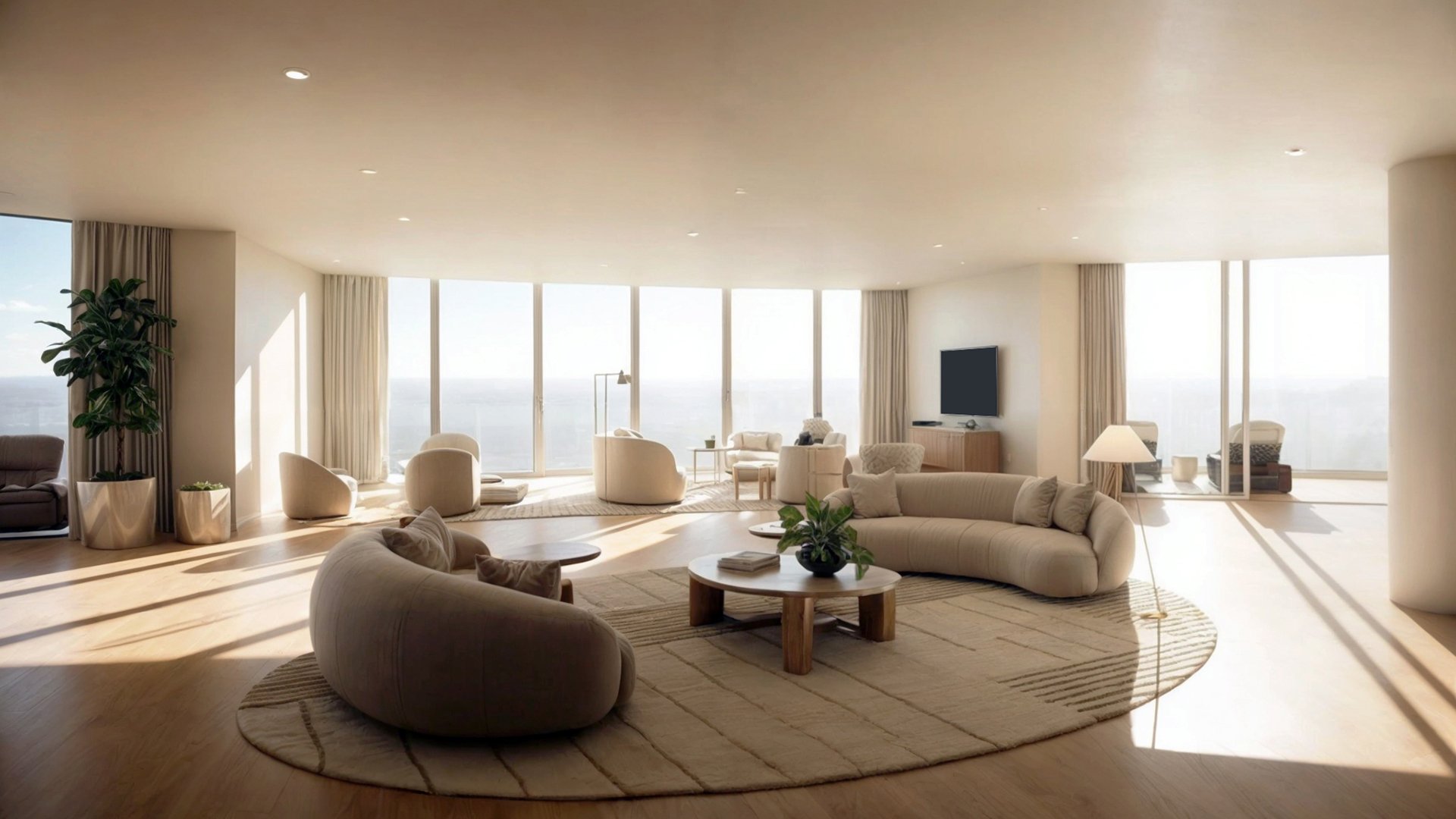 Upper Penthouse Rivage in Bal Harbour luxury and ultra luxury condos open living room with curved sofas, pale wood floors, floor-to-ceiling windows, and bright waterfront light.