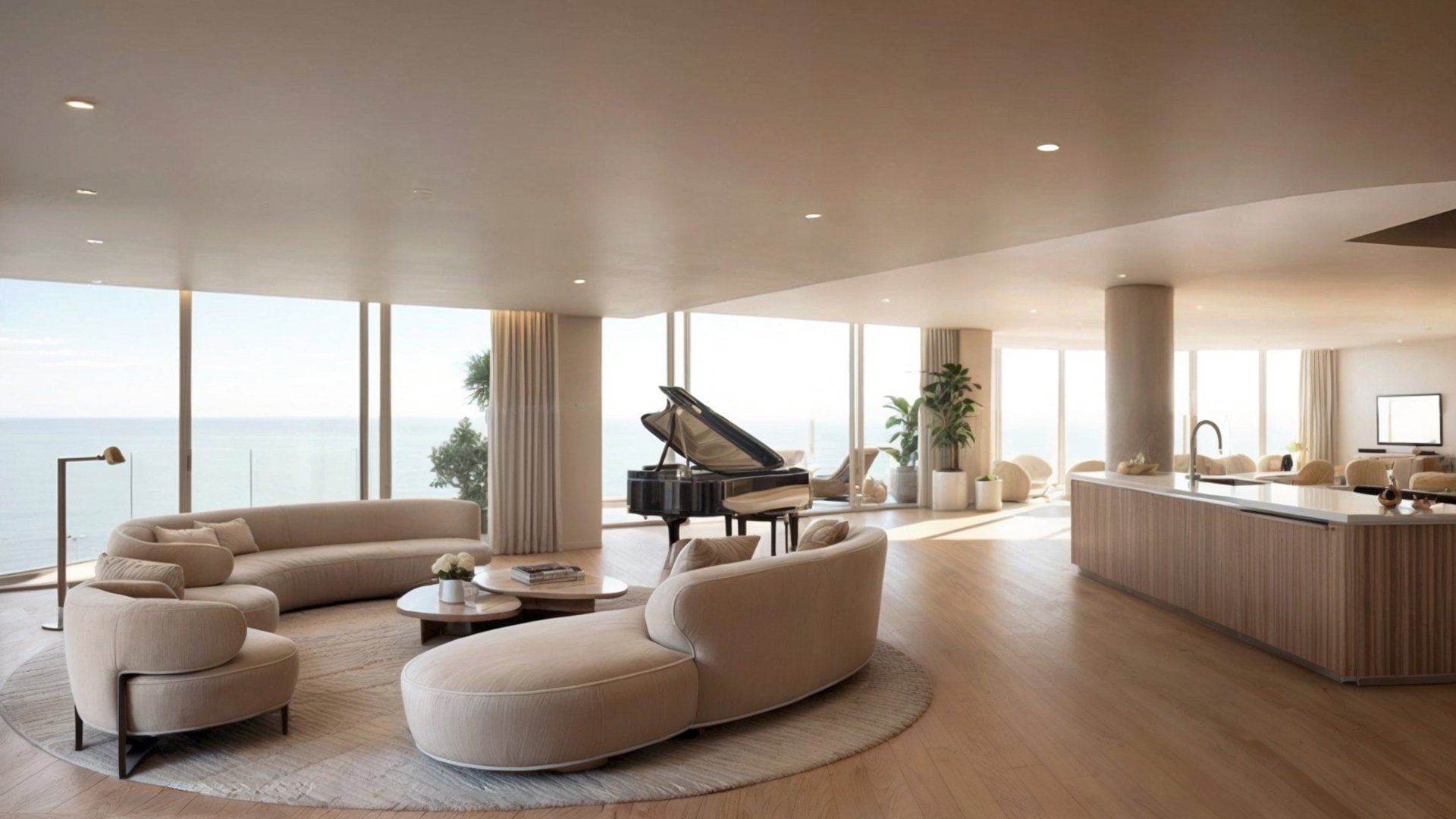 Upper Penthouse Rivage in Bal Harbour luxury and ultra luxury condos open living room with curved seating, grand piano, chef kitchen island, columns, and ocean views.