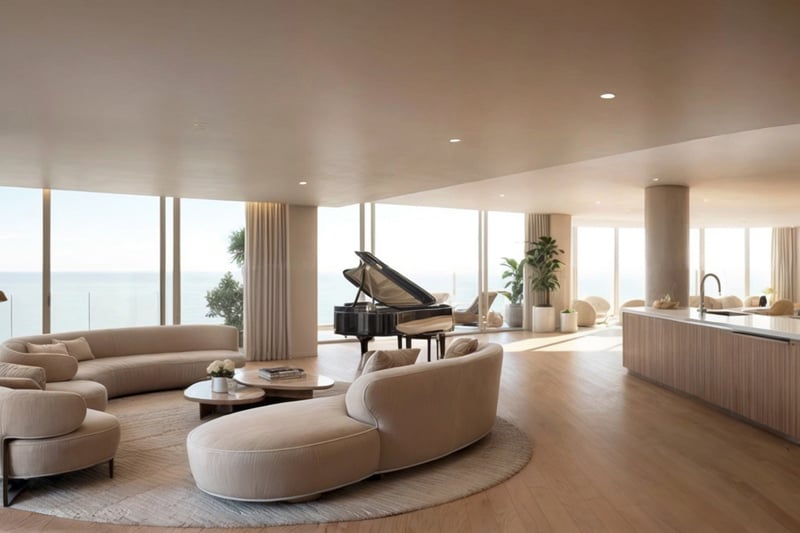 Upper Penthouse Rivage in Bal Harbour luxury and ultra luxury condos open living room with curved seating, grand piano, chef kitchen island, columns, and ocean views.