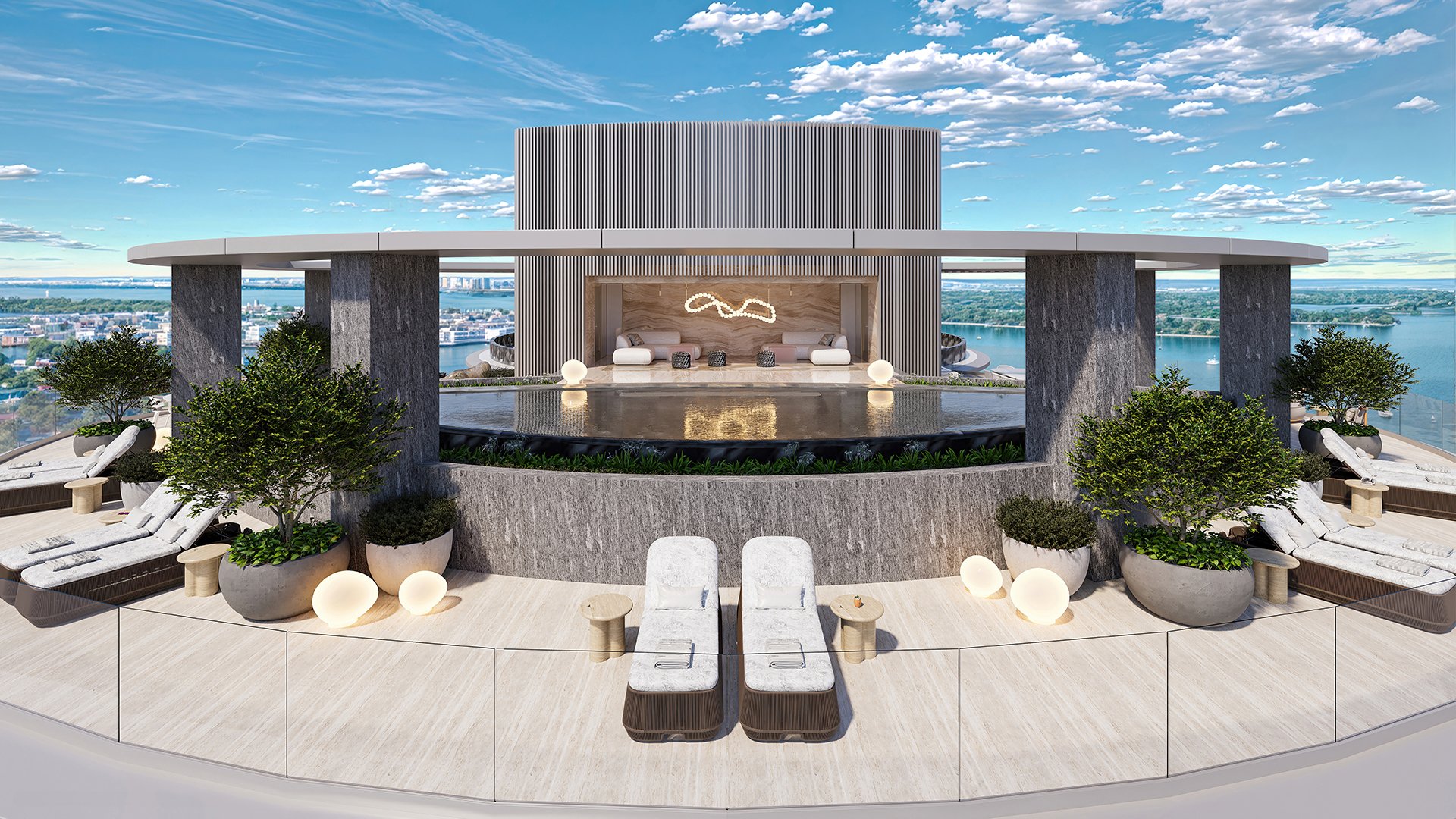 Upper Penthouse Rivage in Bal Harbour luxury and ultra luxury condos rooftop pool terrace with a covered lounge, chaise seating, planters, glass railings, and waterfront views.