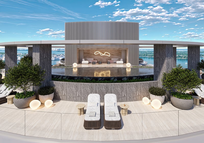 Upper Penthouse Rivage in Bal Harbour luxury and ultra luxury condos rooftop pool terrace with a covered lounge, chaise seating, planters, glass railings, and waterfront views.