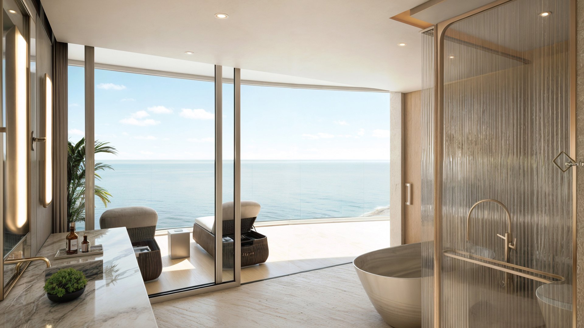Upper Penthouse Rivage in Bal Harbour luxury and ultra luxury condos spa bathroom with freestanding tub, glass shower, marble vanity, terrace loungers, and ocean view.