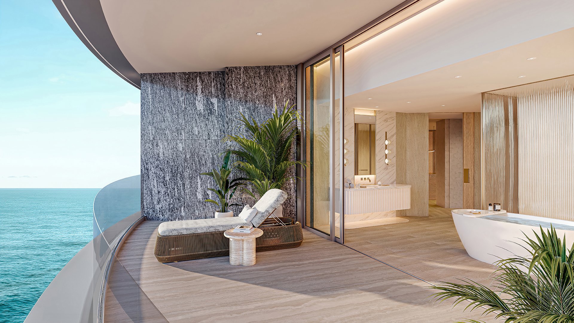 Upper Penthouse Rivage in Bal Harbour luxury and ultra luxury condos spa bathroom opening to a terrace lounge with a freestanding tub, chaise, plants, and ocean view.