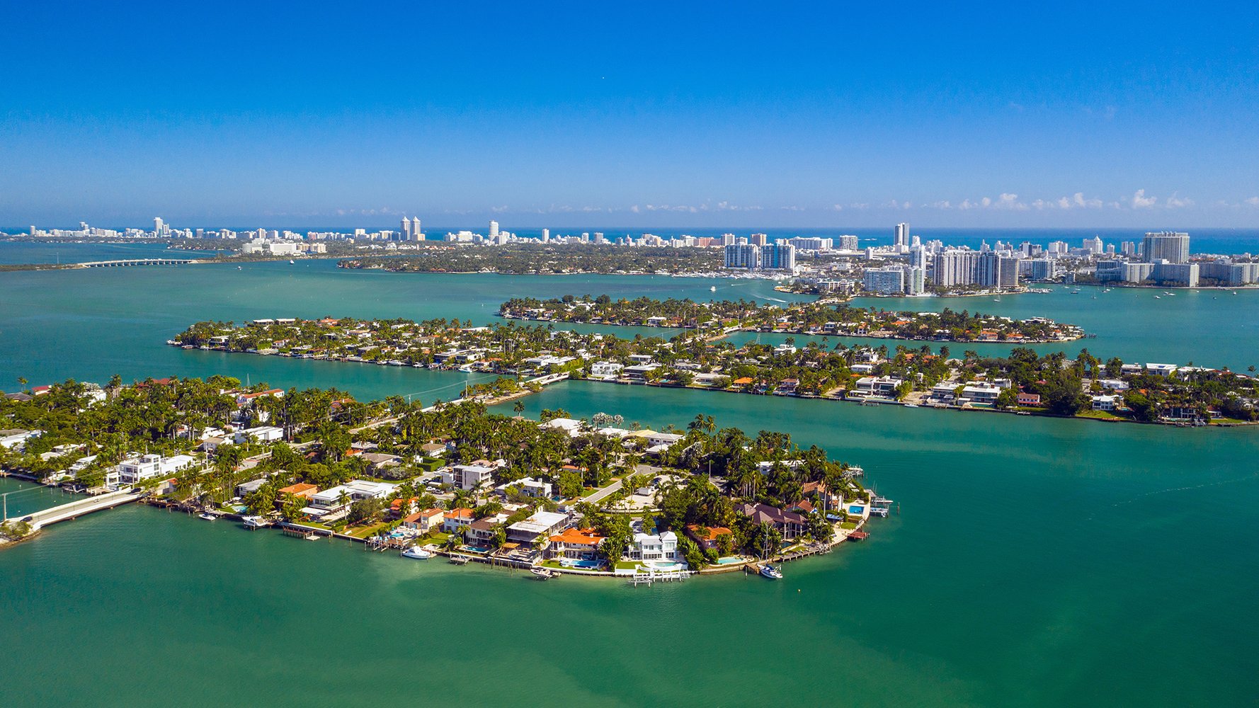 Venetian Islands, Miami coastal aerial of islands and bridges—central locale near luxury and ultra luxury condos.