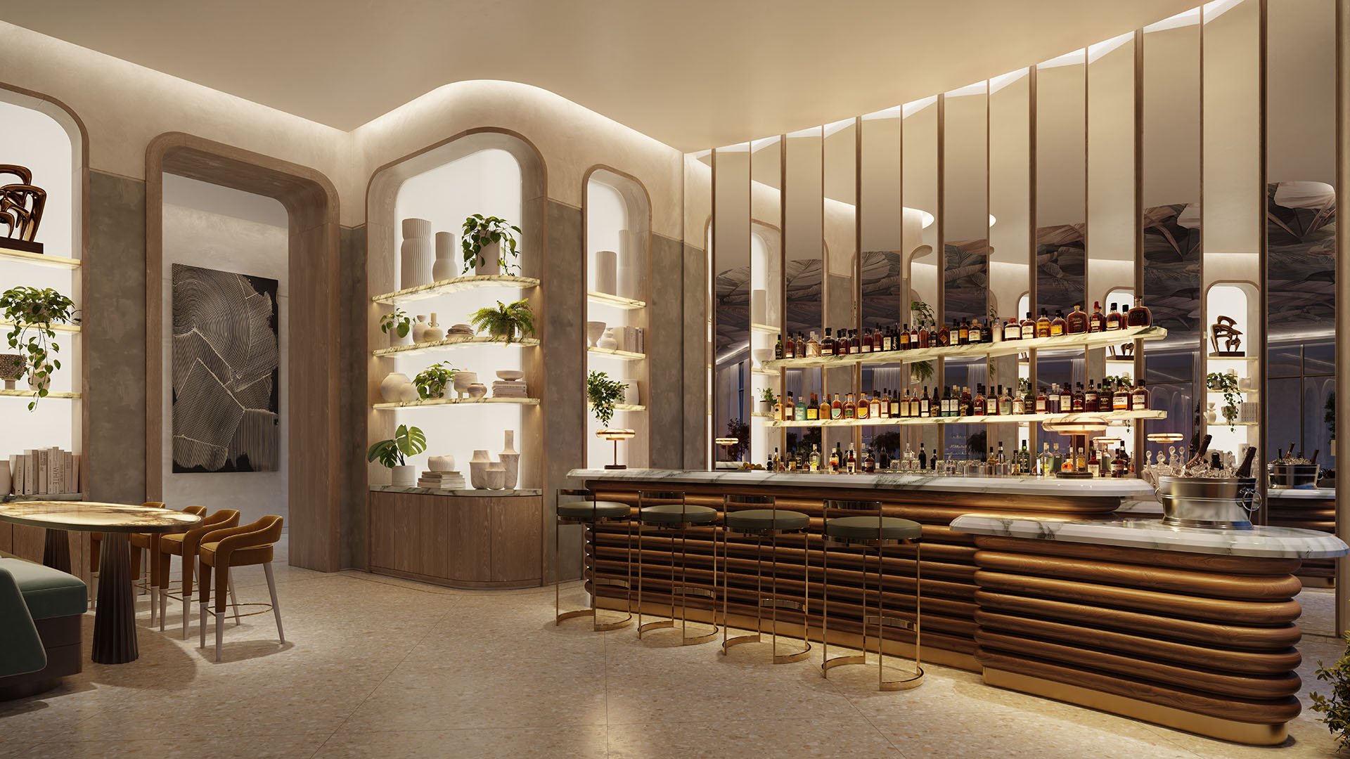Viceroy Brickell The Residences in Brickell, Miami, luxury and ultra luxury preconstruction condos with an arched lobby bar featuring backlit shelving, mirrored walls, lounge seating, and warm ambient lighting.
