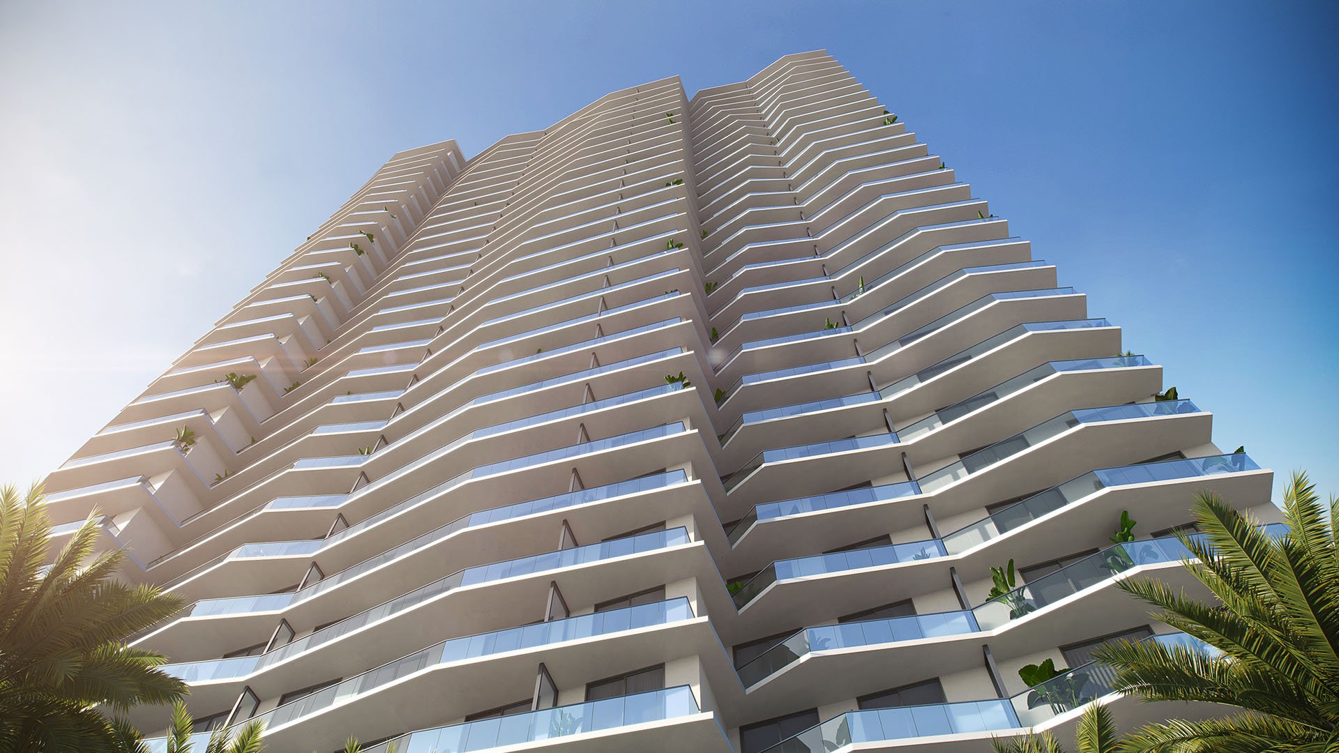 Viceroy Brickell The Residences in Brickell, Miami, luxury and ultra luxury preconstruction condos with a low-angle exterior view of the tower, sculpted glass balconies, palm fronds, and a clear blue sky.