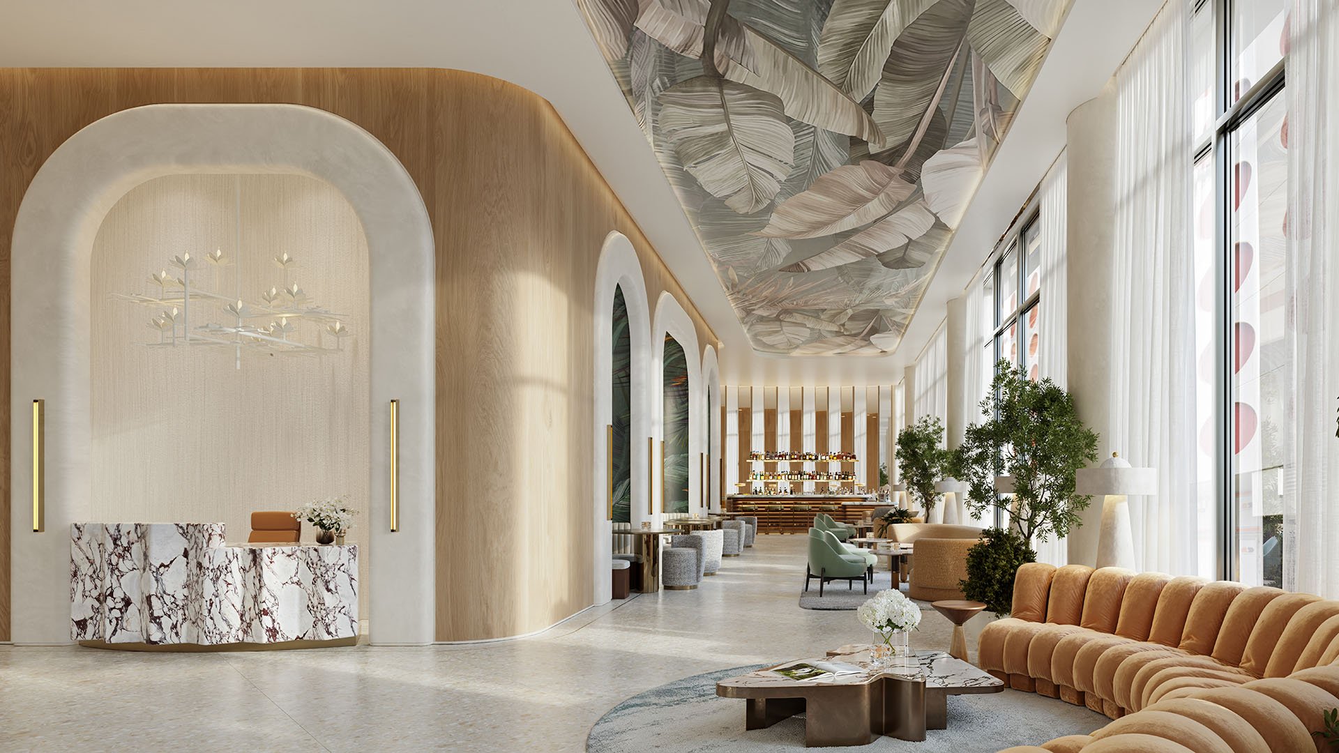 Viceroy Brickell The Residences in Brickell, Miami, luxury and ultra luxury preconstruction condos with a double-height lobby, marble reception desk, sculptural ceiling mural, tall windows, and lounge seating.