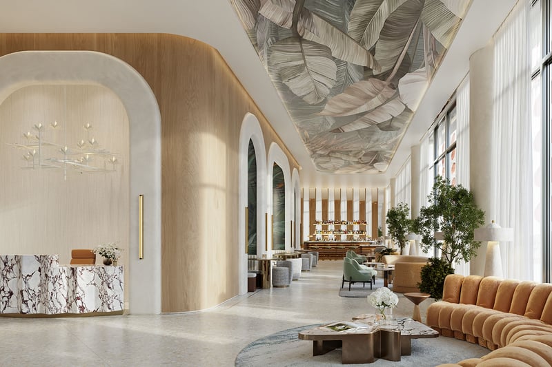 Viceroy Brickell The Residences in Brickell, Miami, luxury and ultra luxury preconstruction condos with a double-height lobby, marble reception desk, sculptural ceiling mural, tall windows, and lounge seating.
