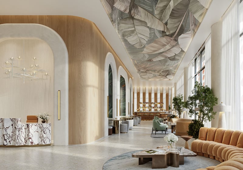 Viceroy Brickell The Residences in Brickell, Miami, luxury and ultra luxury preconstruction condos with a double-height lobby, marble reception desk, sculptural ceiling mural, tall windows, and lounge seating.