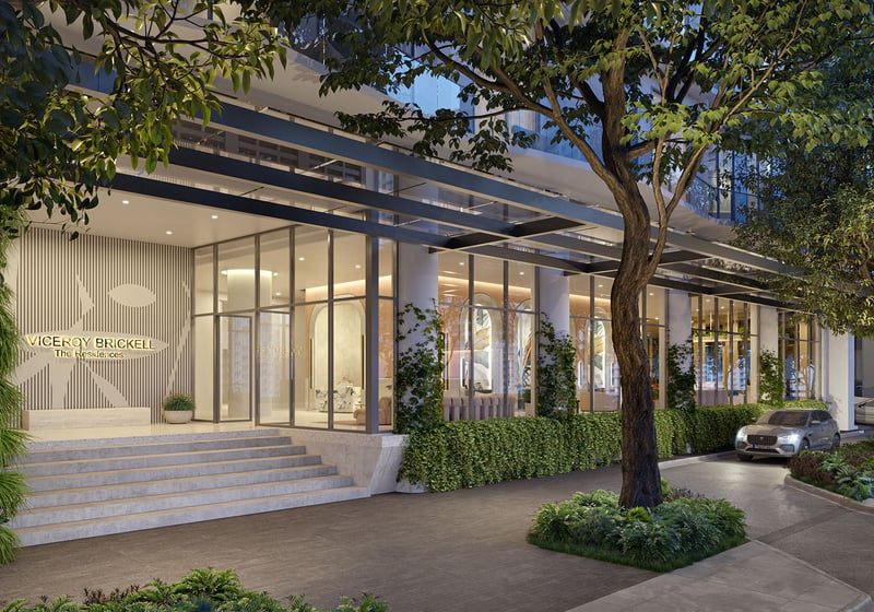 Viceroy Brickell The Residences in Brickell, Miami, luxury and ultra luxury preconstruction condos with a landscaped porte cochere arrival, canopy, glass facade, entry steps, and a car at the curb.