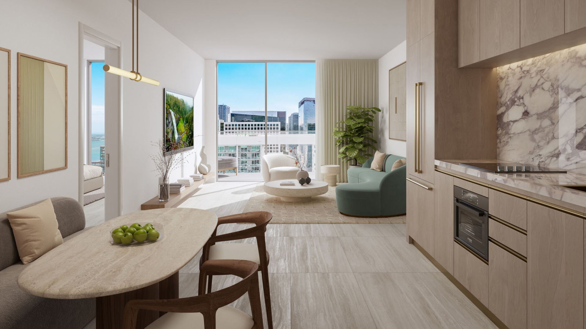 Viceroy Brickell The Residences in Brickell, Miami, luxury and ultra luxury preconstruction condos with an open-plan living, dining, and kitchen area, floor-to-ceiling glass, and a bright city view.