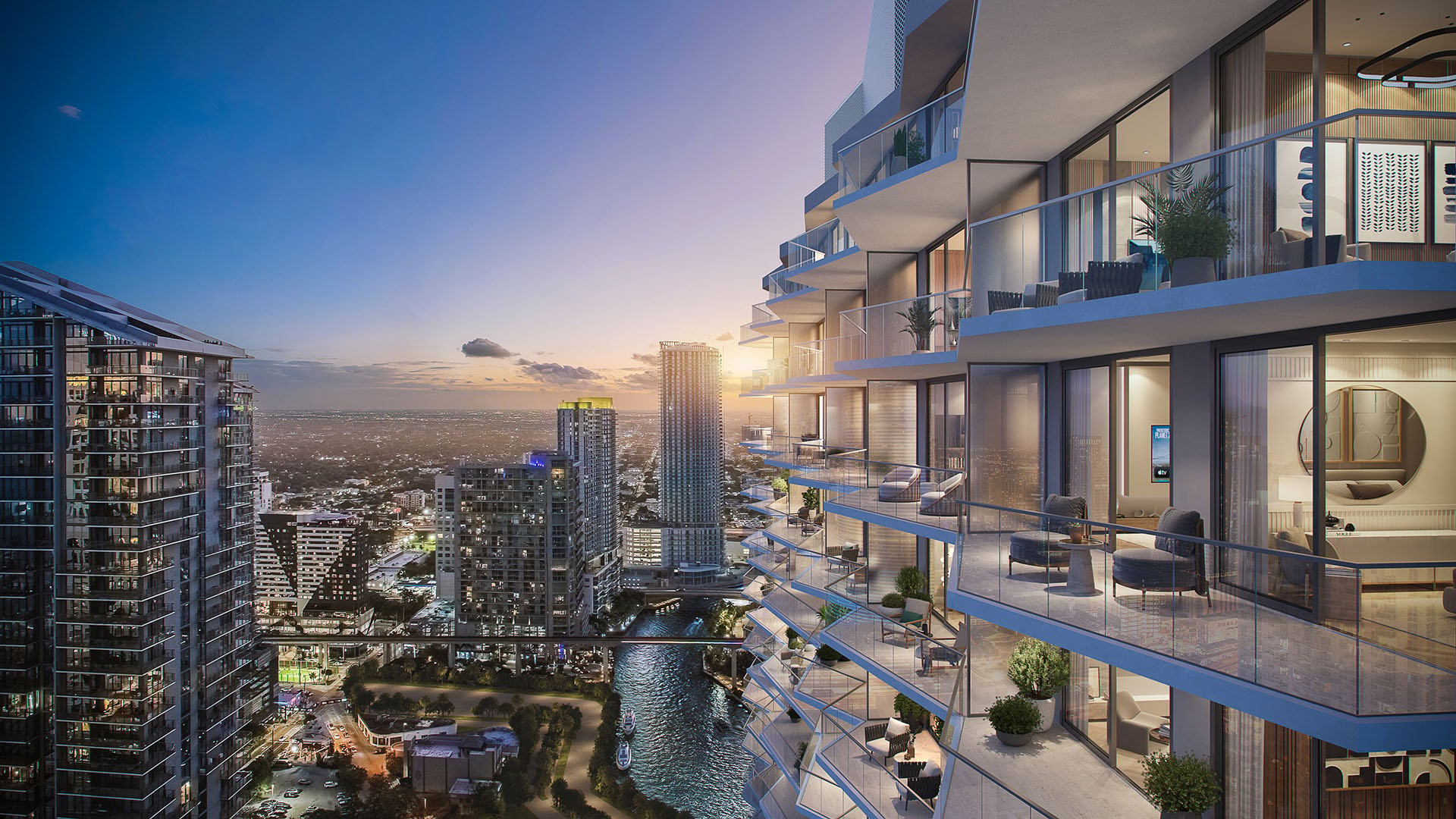 Viceroy Brickell The Residences in Brickell, Miami, luxury and ultra luxury preconstruction condos with stacked balconies overlooking a canal, neighboring towers, and a sunset city skyline.