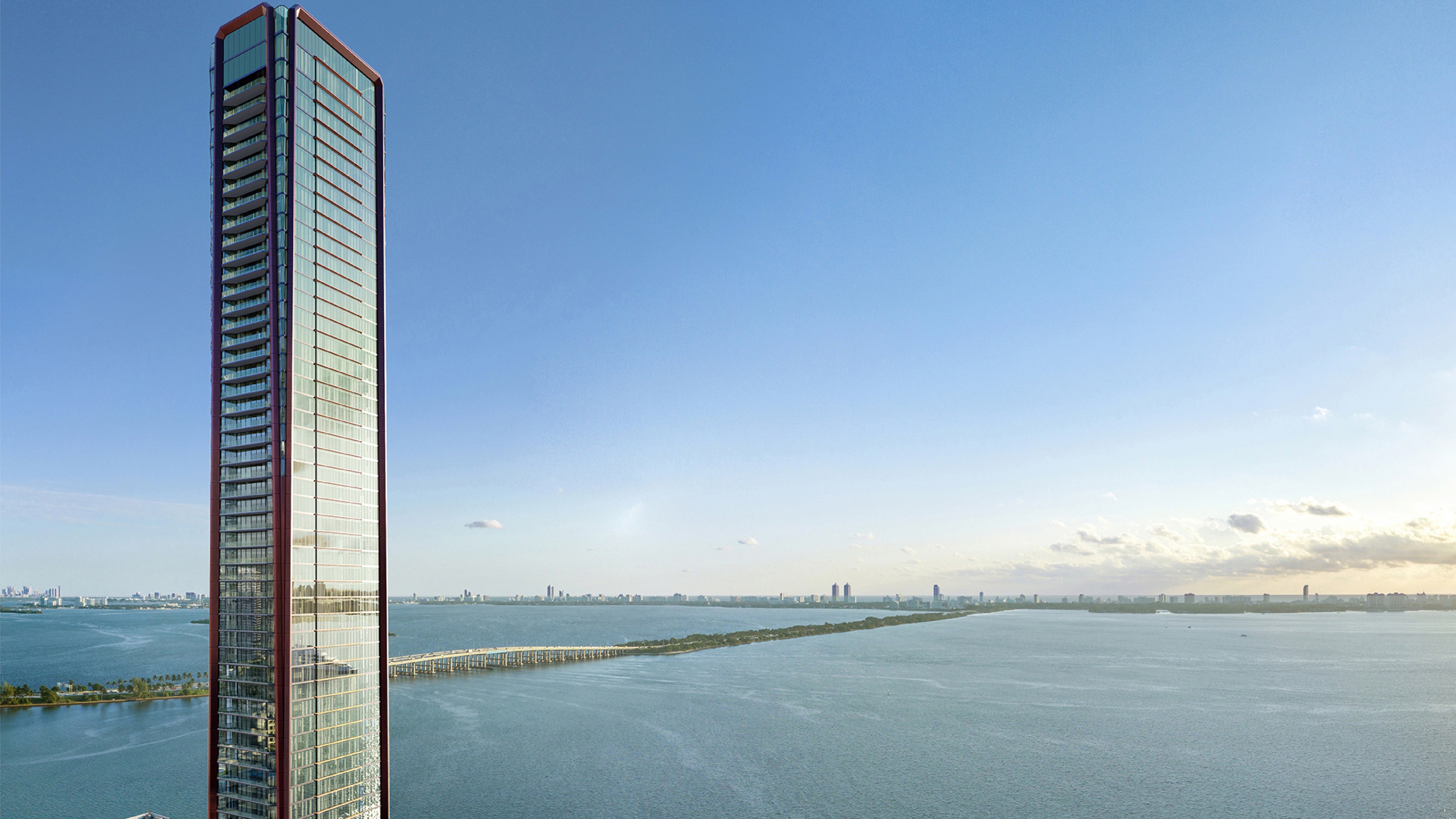 Villa Miami, Edgewater cityscape of waterfront skyscraper on Biscayne Bay, iconic tower of luxury and ultra luxury condos; preconstruction.