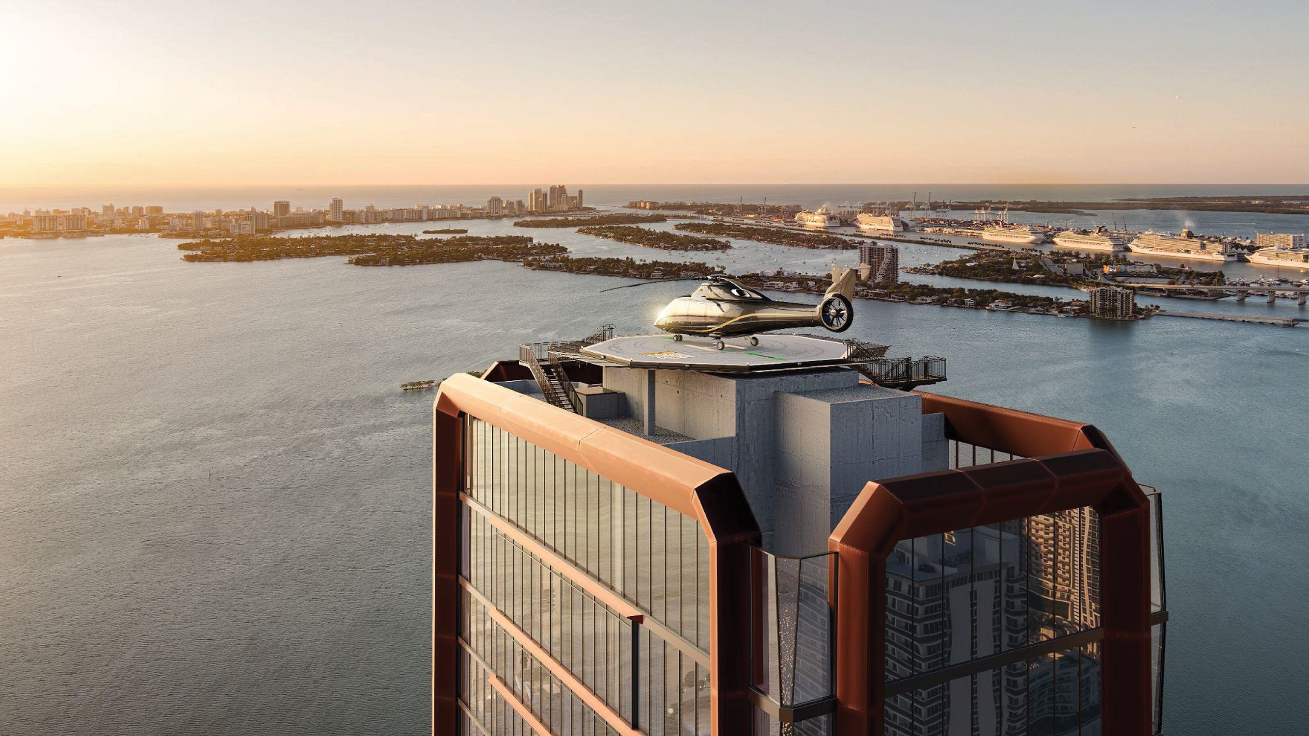 Villa Miami, Edgewater helicopter landing pad at sunset over skyline, sky‑level amenity for luxury and ultra luxury condos; preconstruction. Featuring rooftop and cityscape.
