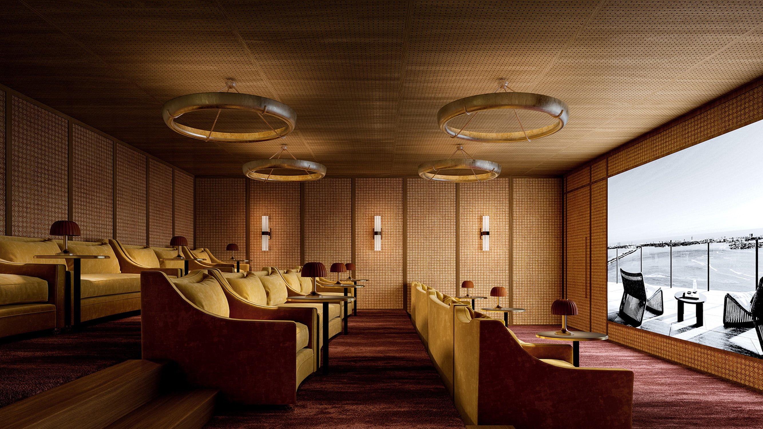 Villa Miami, Edgewater cinema lounge interiors with tiered seating, premium entertainment for luxury and ultra luxury condos; preconstruction.