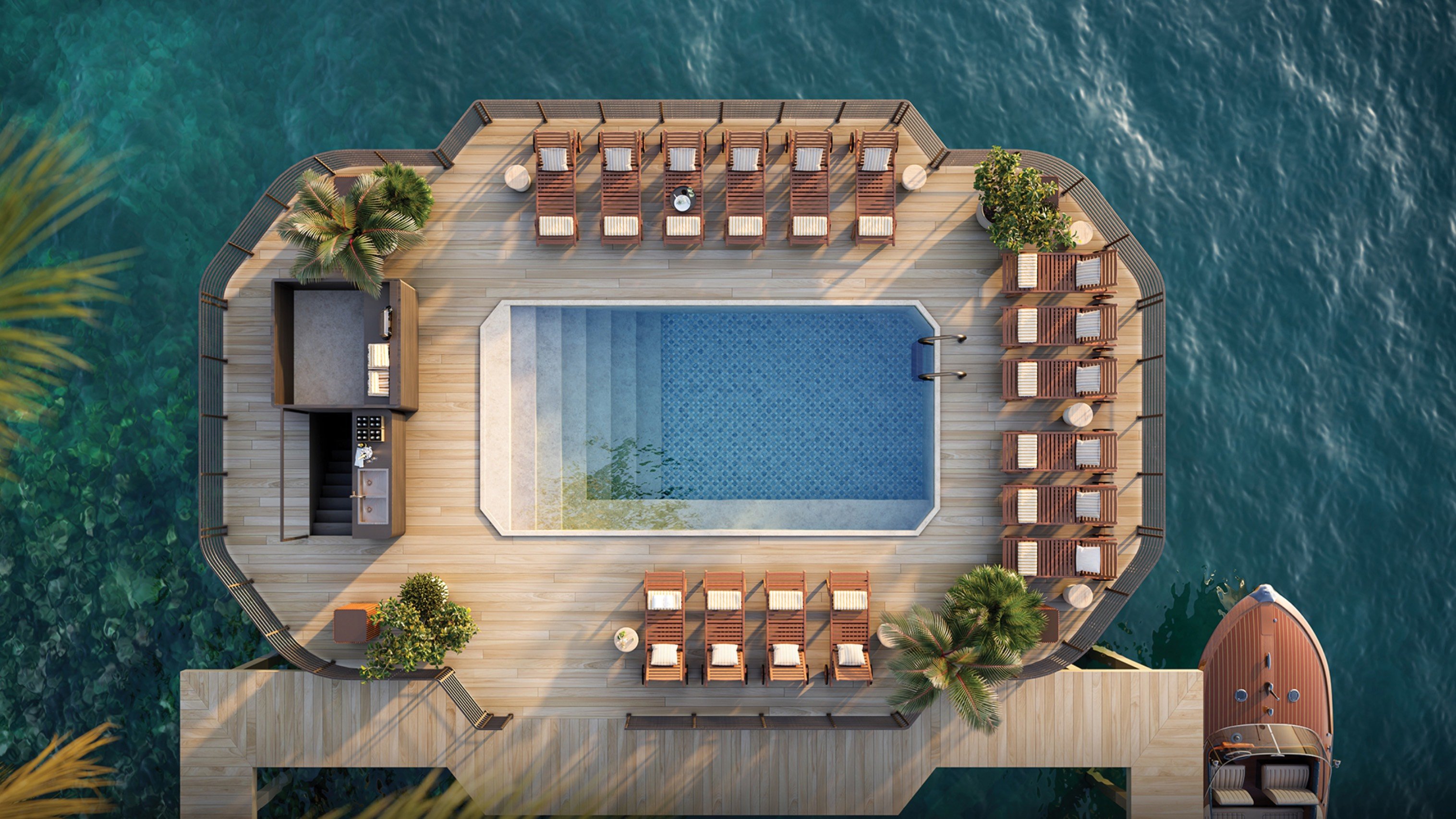 Villa Miami, Edgewater pool deck aerial above Biscayne Bay, resort terrace for luxury and ultra luxury condos; preconstruction. Featuring view.