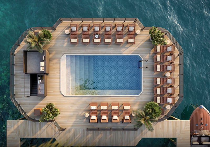 Villa Miami, Edgewater pool deck aerial above Biscayne Bay, resort terrace for luxury and ultra luxury condos; preconstruction. Featuring view.