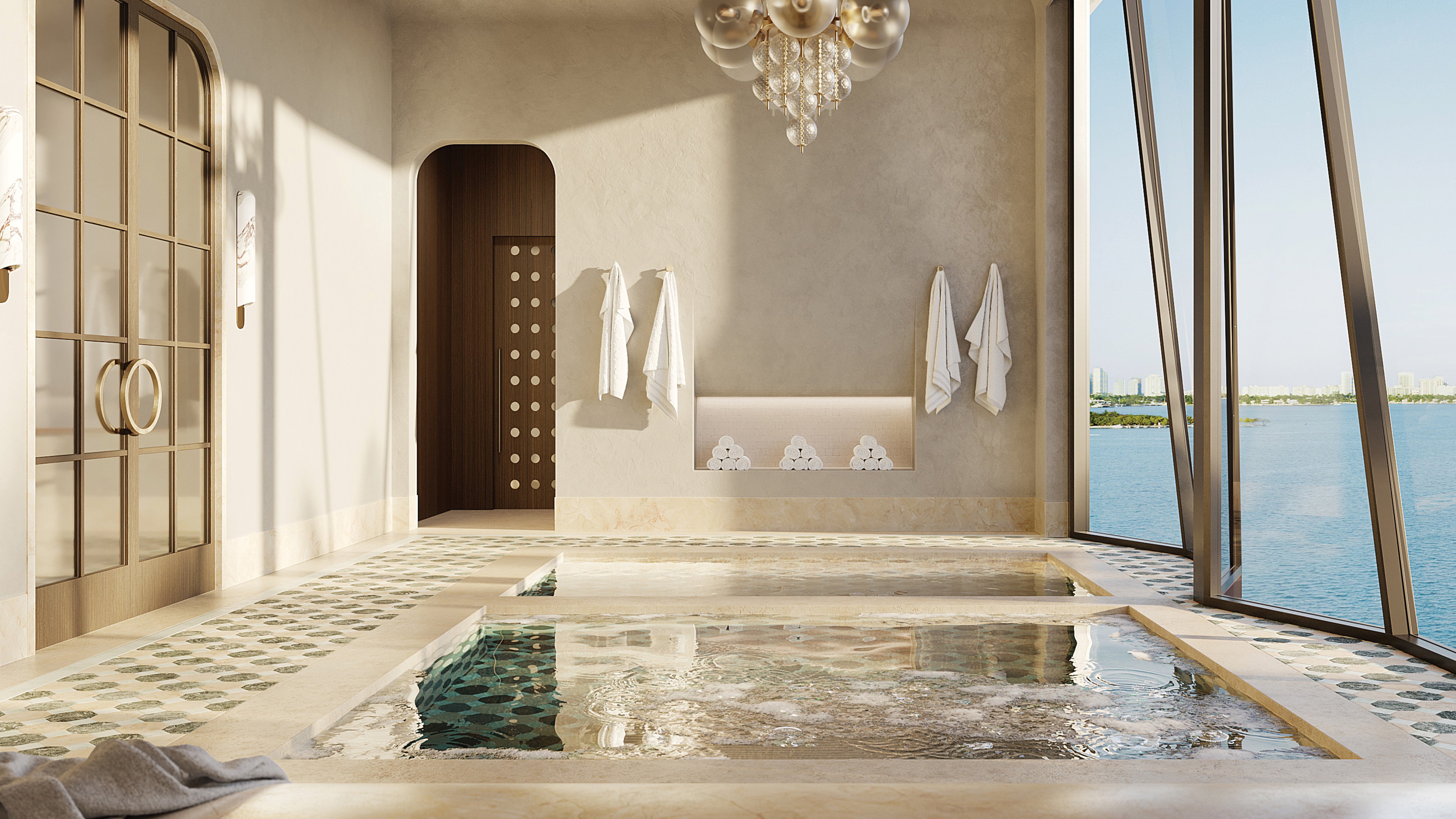 Villa Miami, Edgewater spa interior with water view, wellness sanctuary in luxury and ultra luxury condos; preconstruction.