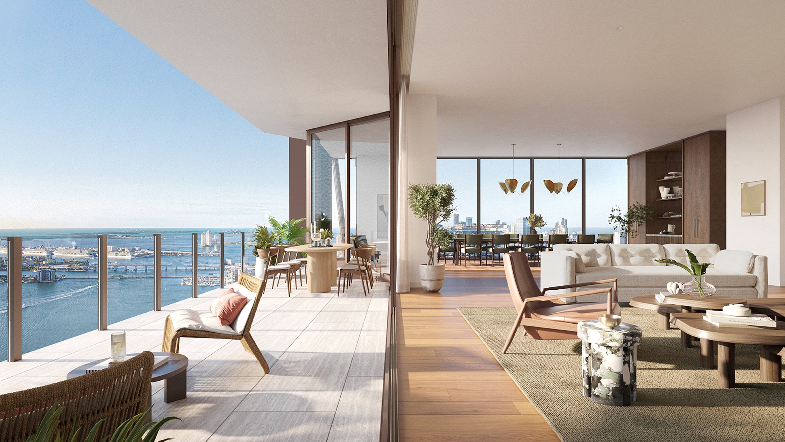 Villa Miami, Edgewater modern apartment interior with balcony view, indoor‑outdoor living in luxury and ultra luxury condos; preconstruction.