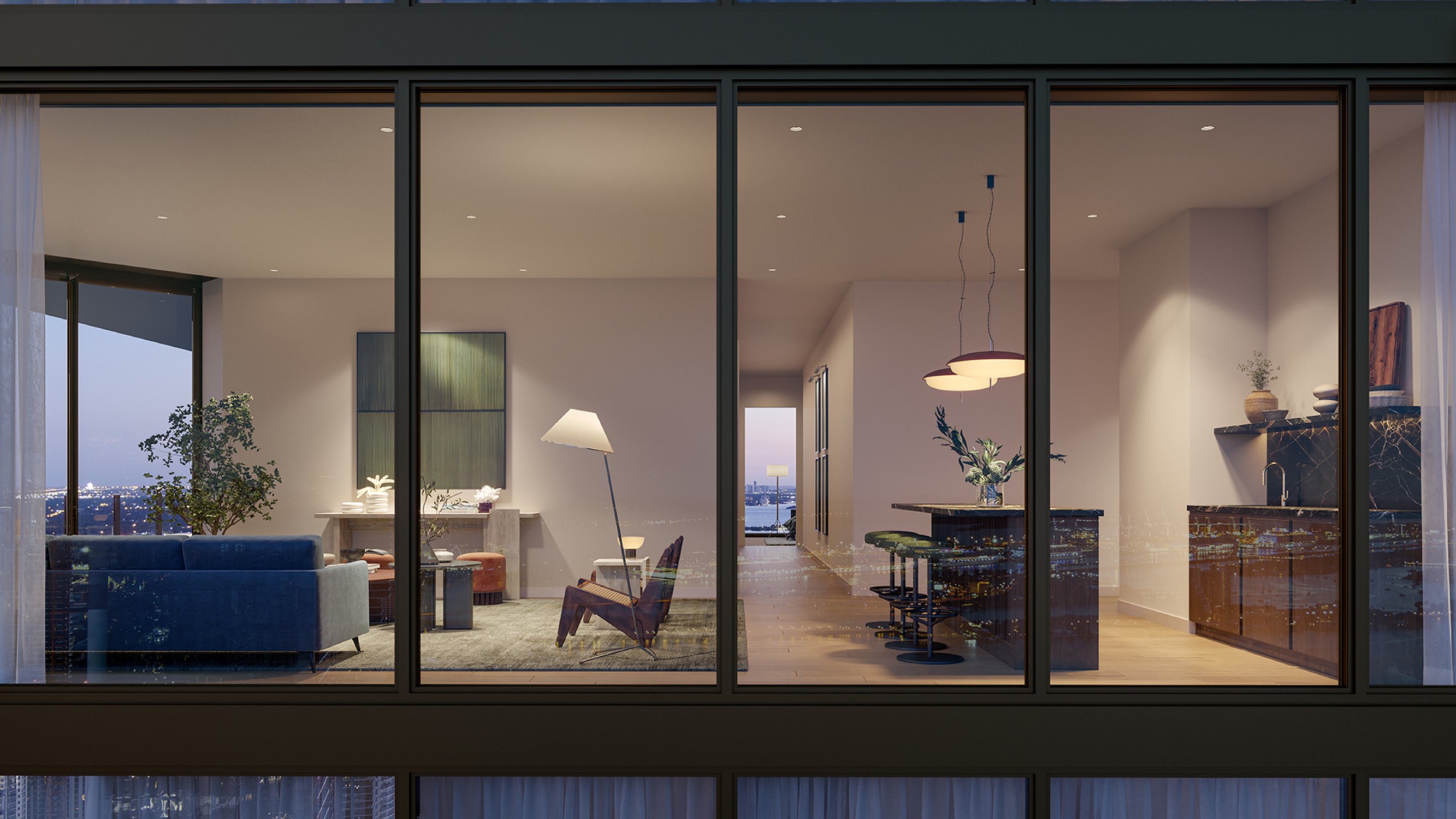 Villa Miami, Edgewater night apartment interior with skyline, elevated lifestyle in luxury and ultra luxury condos; preconstruction. Featuring modern.