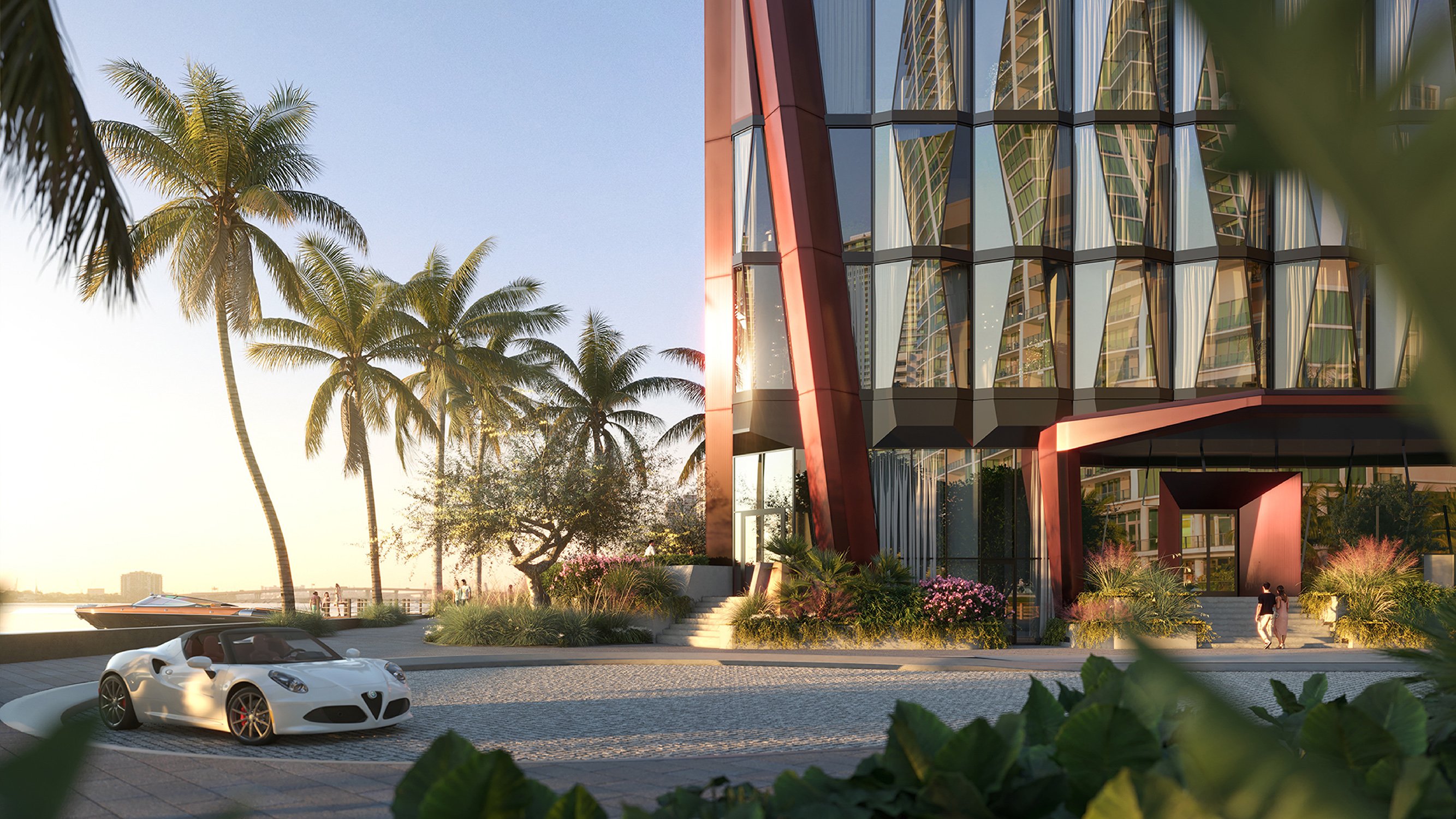 Villa Miami, Edgewater coastal modern architecture with sports car, statement arrival for luxury and ultra luxury condos; preconstruction. Featuring setting.
