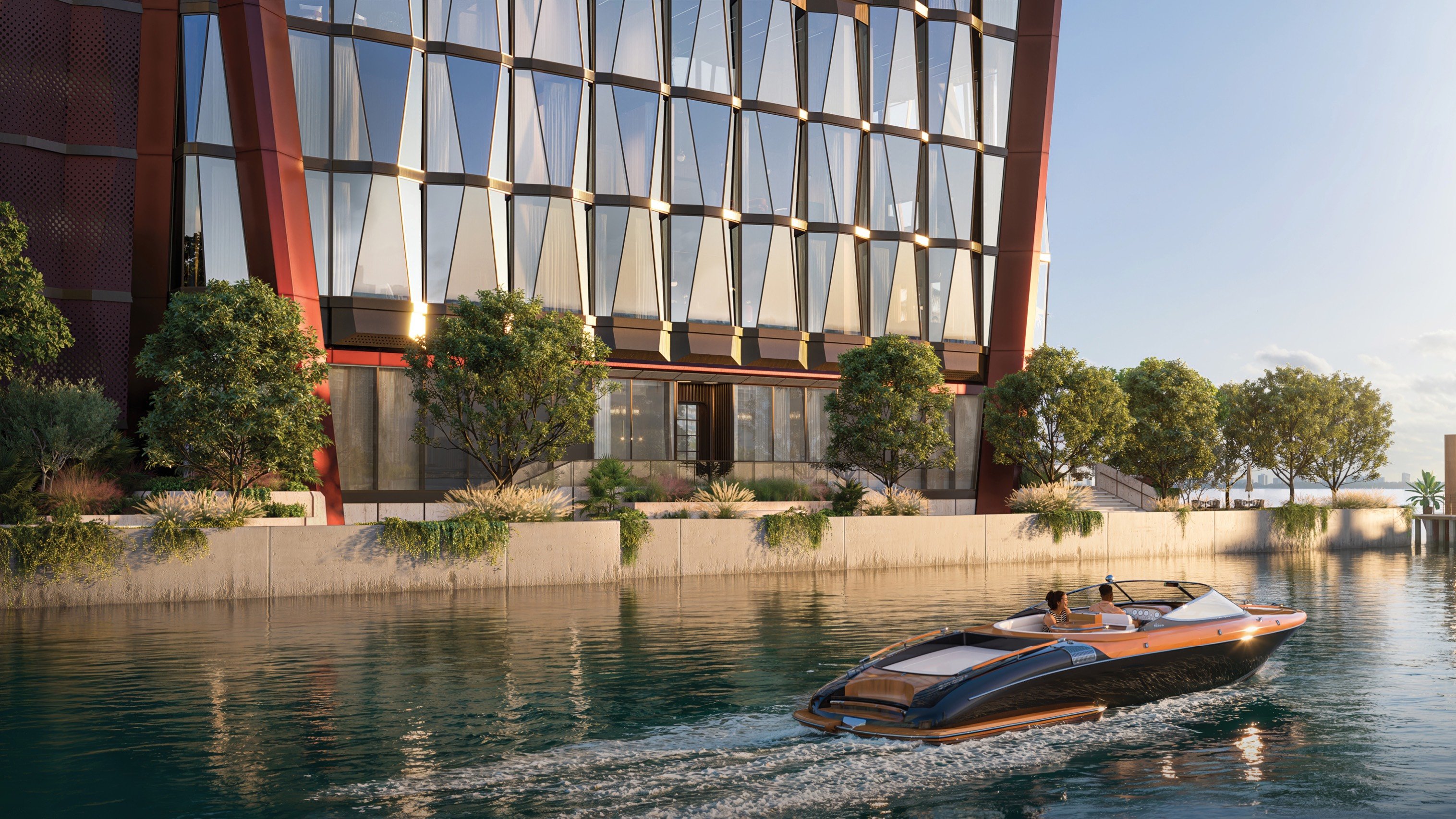 Villa Miami, Edgewater waterfront architecture with boat on Biscayne Bay—bayfront lifestyle in luxury and ultra luxury condos; exclusive preconstruction in Edgewater.
