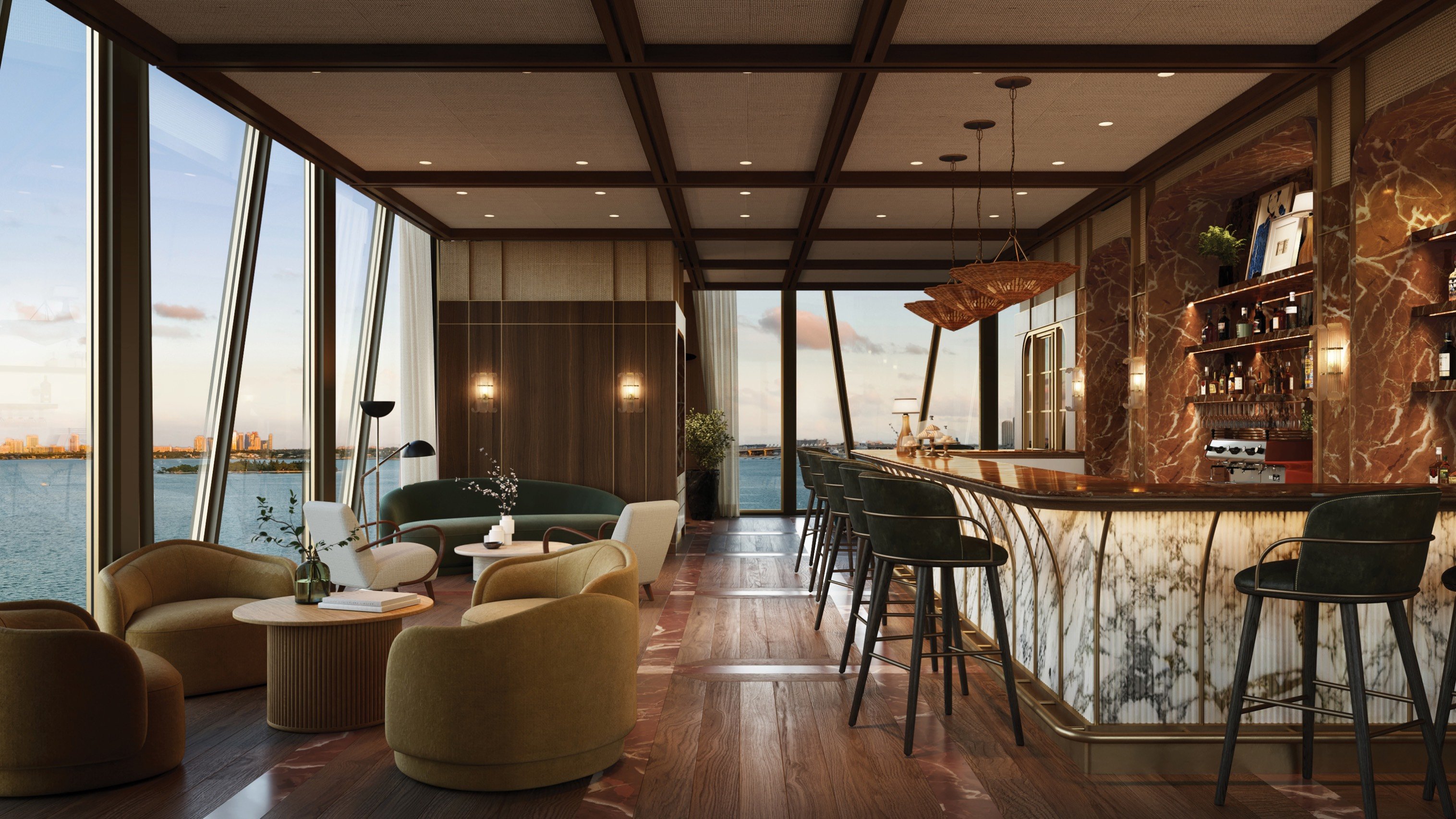Villa Miami, Edgewater bayfront bar with panoramic Biscayne Bay backdrop, signature social hub of luxury and ultra luxury condos; preconstruction. Featuring modern interior, waterfront, and view.