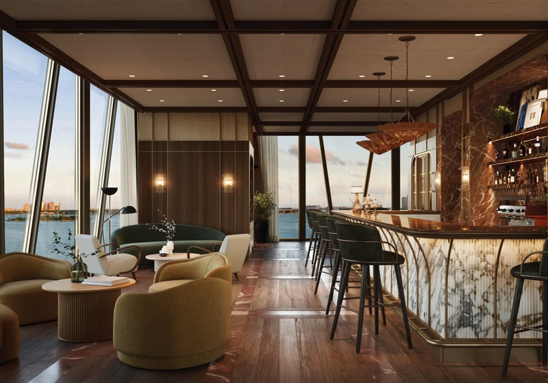 Villa Miami, Edgewater bayfront bar with panoramic Biscayne Bay backdrop, signature social hub of luxury and ultra luxury condos; preconstruction. Featuring modern interior, waterfront, and view.
